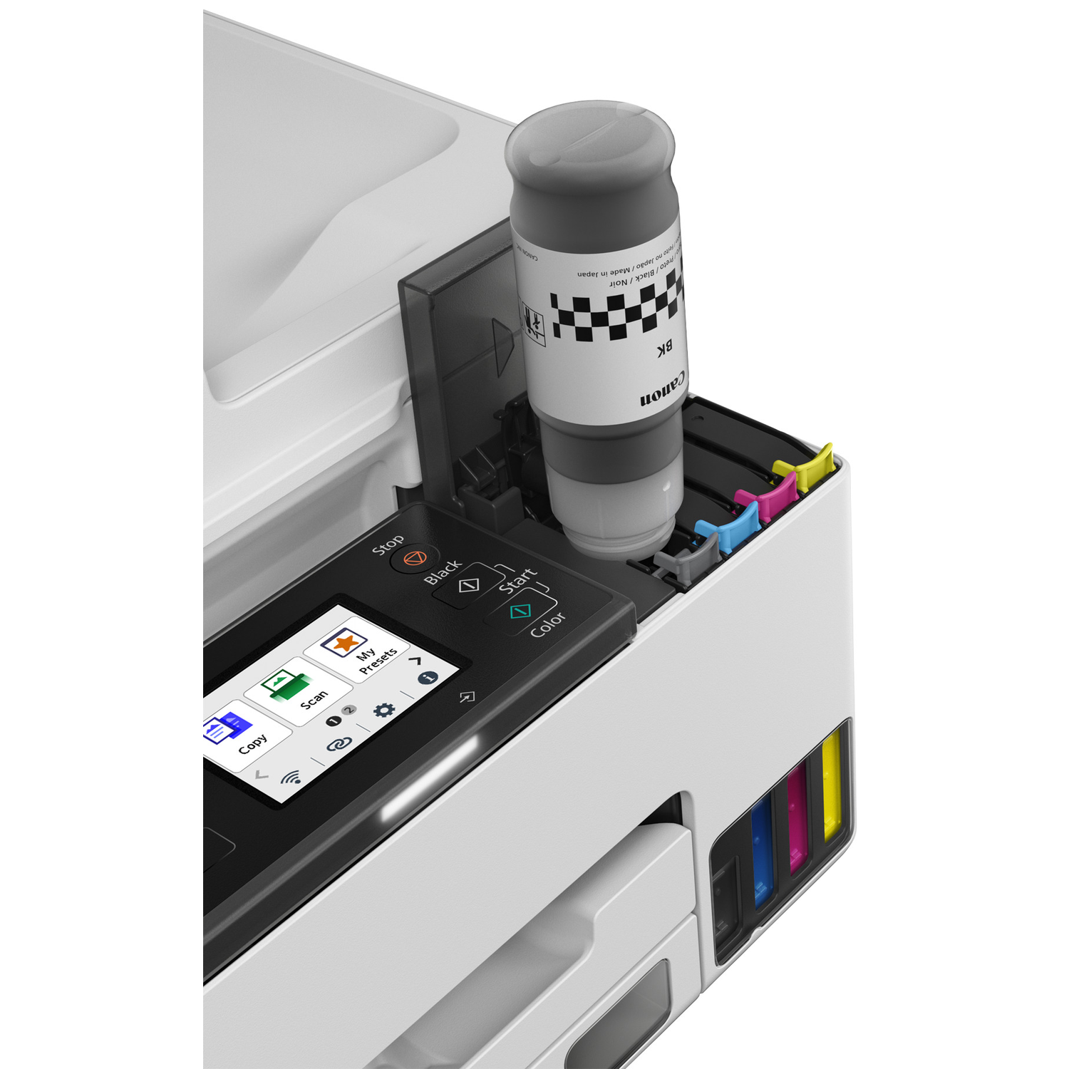 A black ink bottle stands on a white printer with colored ink tanks visible.