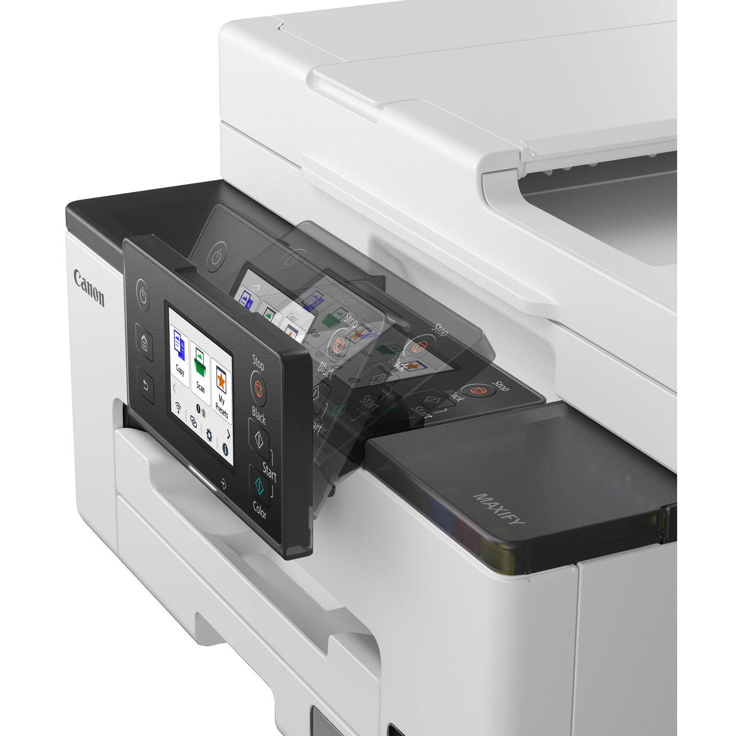 A white Canon MAXIFY printer with a tilted touchscreen control panel displaying copy and scan options.