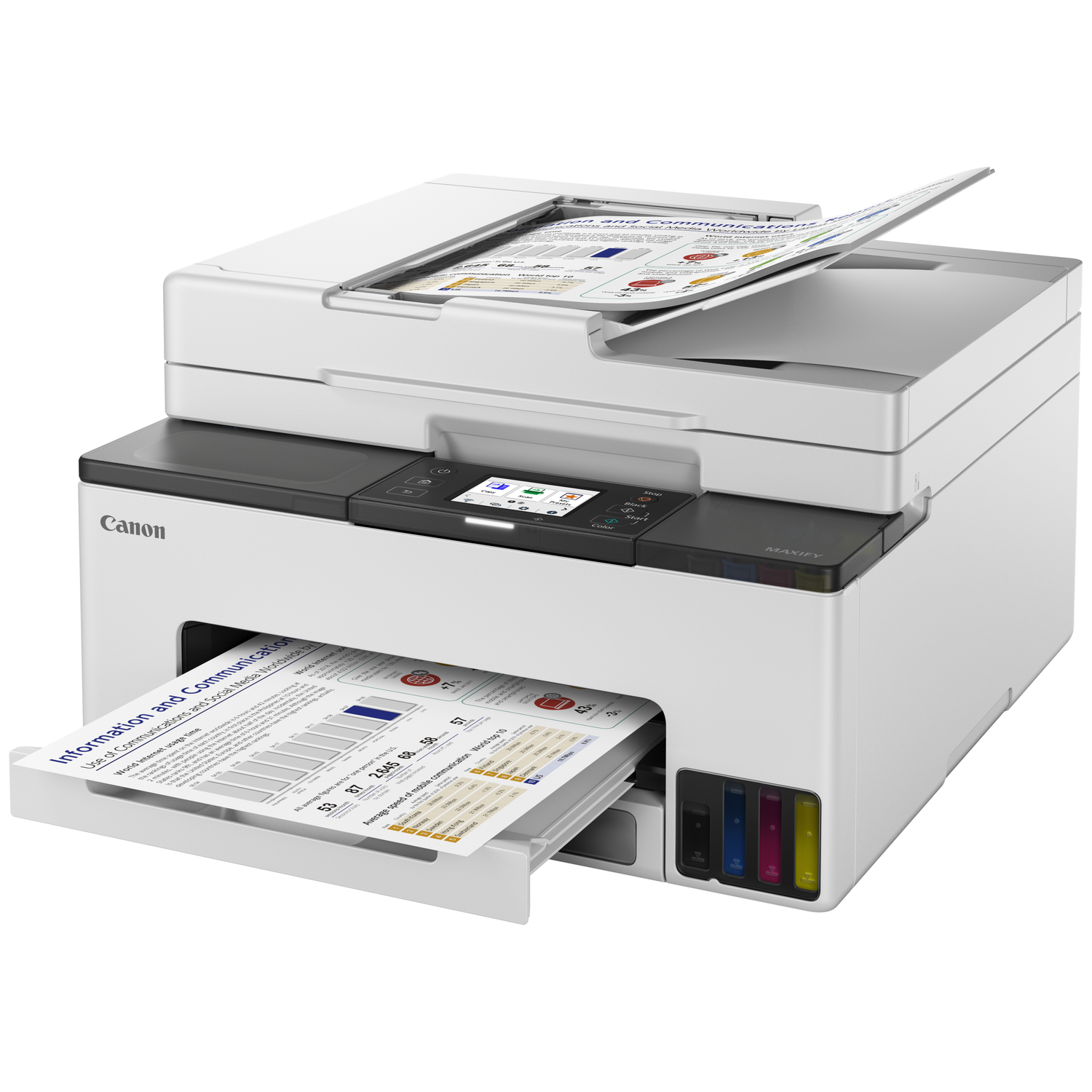 A white Canon MAXIFY printer with paper in the input and output trays.