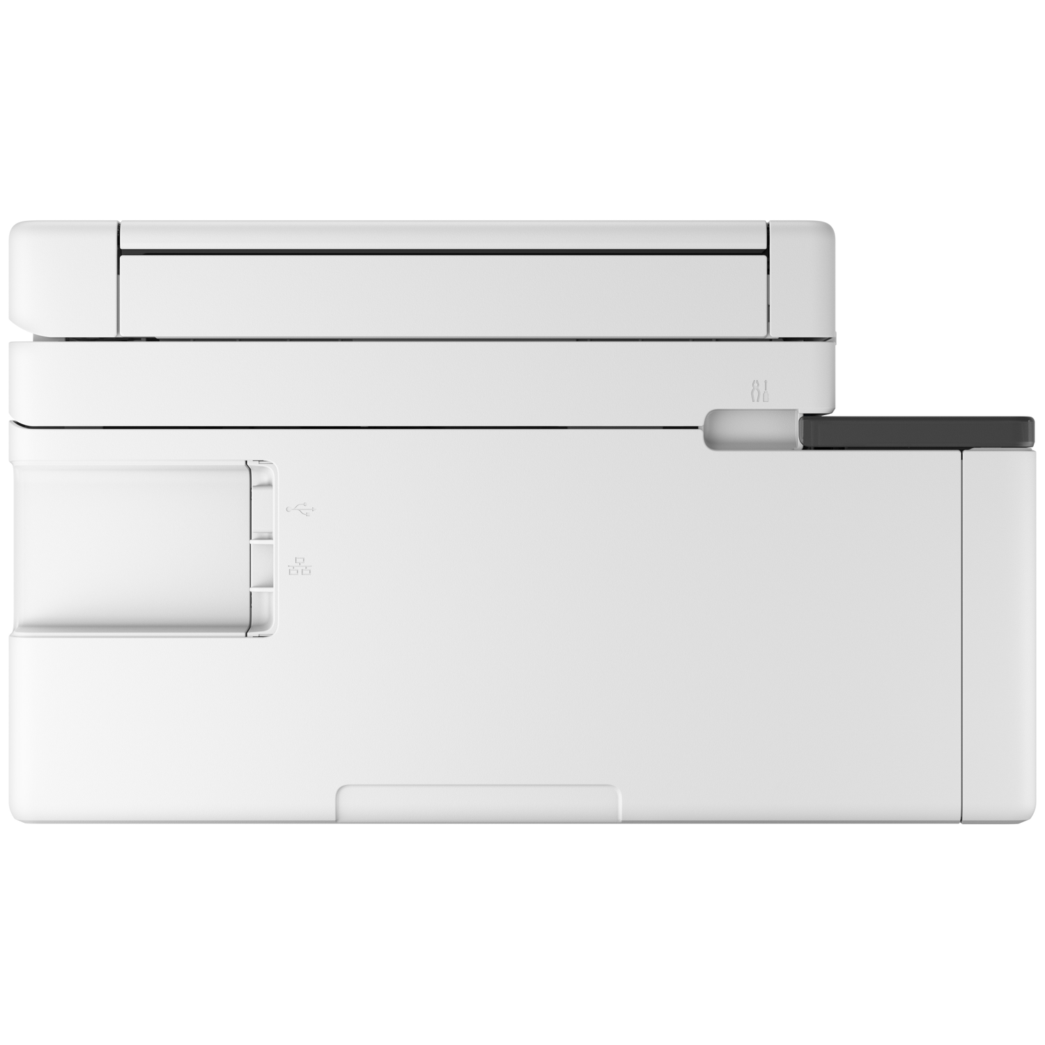 White multifunction printer unit with USB port and wireless/wired connection icons.