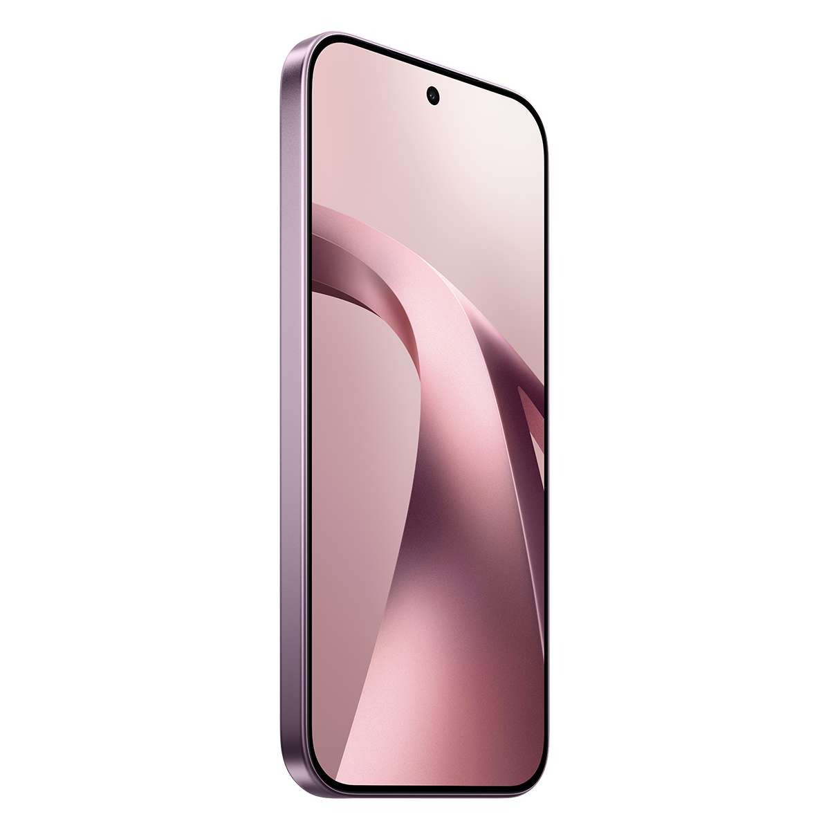 Mor bir akıllı telefon, kamera girintili pembe soyut bir arka plan sergiliyor.