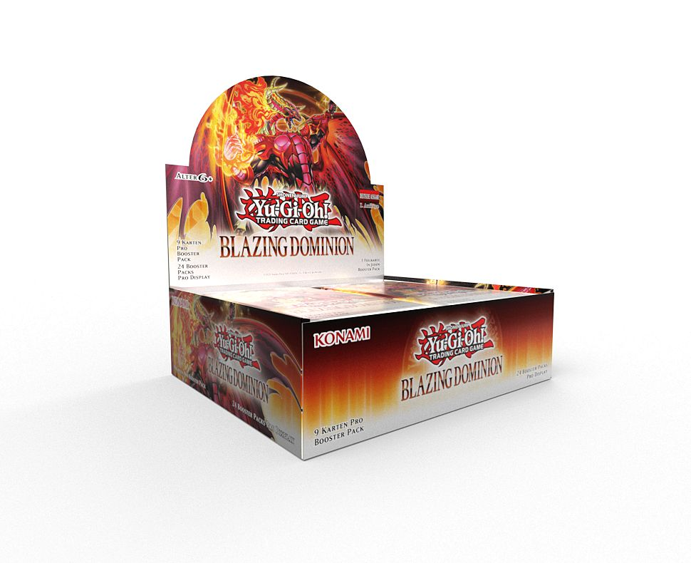 Yu-Gi-Oh! Blazing Dominion Display mit Booster-Packs, rote und gelbe Flammen.