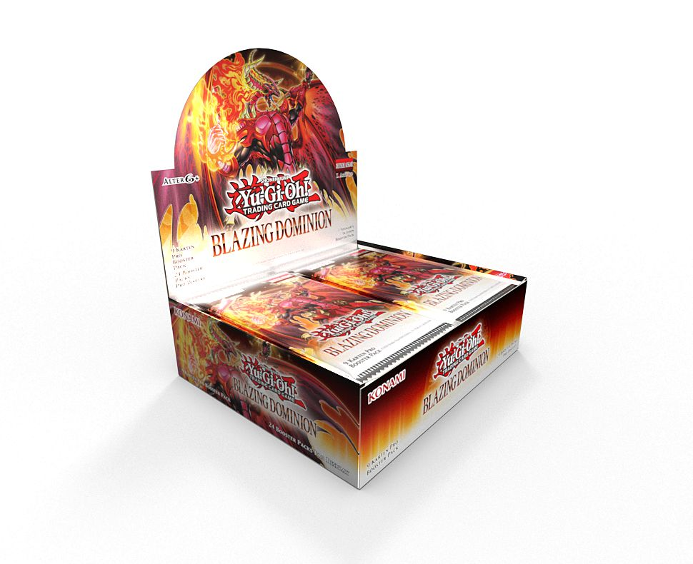 Eine Yu-Gi-Oh! Trading Card Game Blazing Dominion Box mit Booster-Packs.