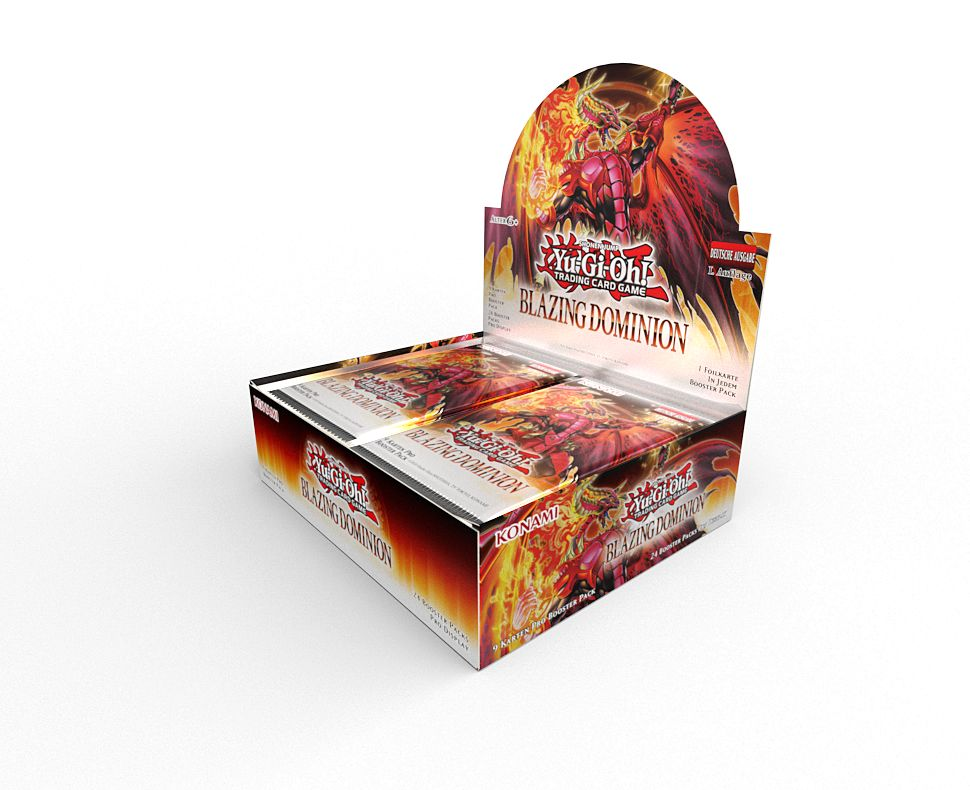 Eine Yu-Gi-Oh! Sammelkarten-Displaybox „Blazing Dominion“ mit roten und orangen Flammen.