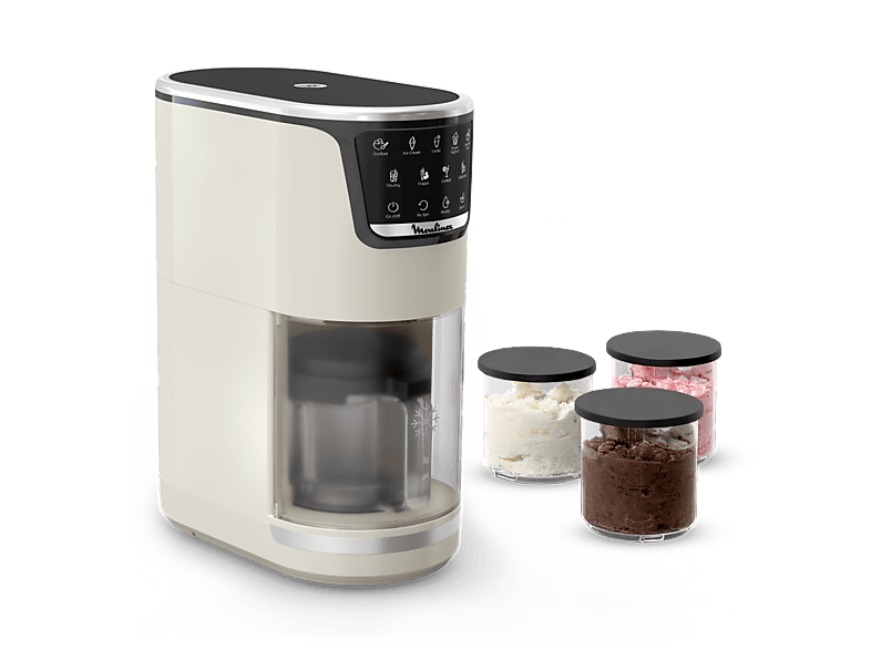 Heladera - Moulinex Dolci, 9 Programas de postres helados, 3 tarrinas tritán, 1,4 L, 600W, Resultados cremosos, Autolimpieza, Blanco