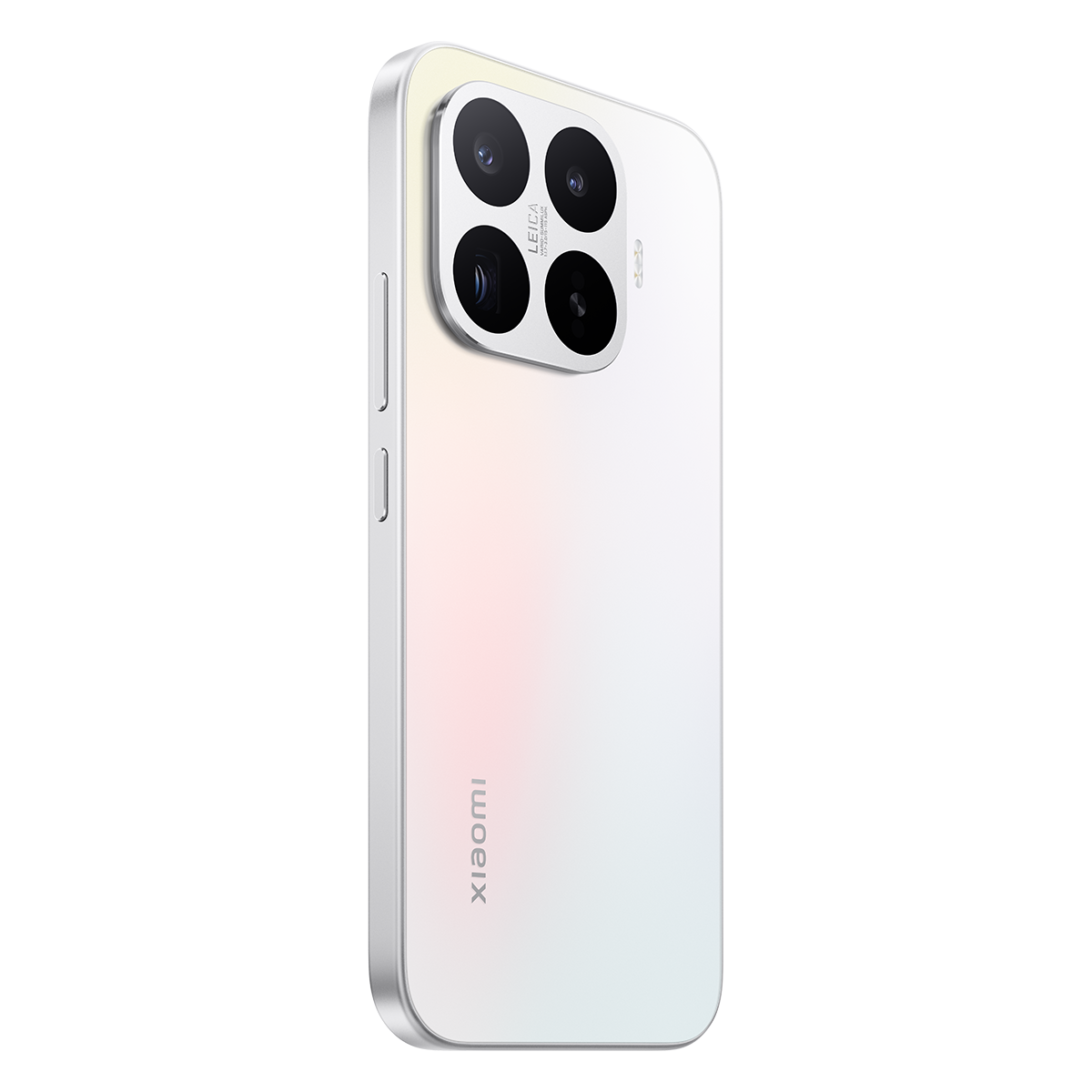 Leica markalı dört kameralı beyaz akıllı telefon. Altta Xiaomi logosu bulunur.