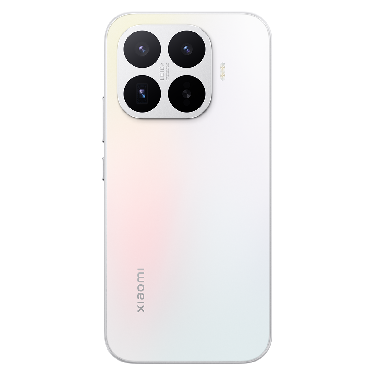 Dört kameralı beyaz Xiaomi akıllı telefonun arkası, Leica markalı.