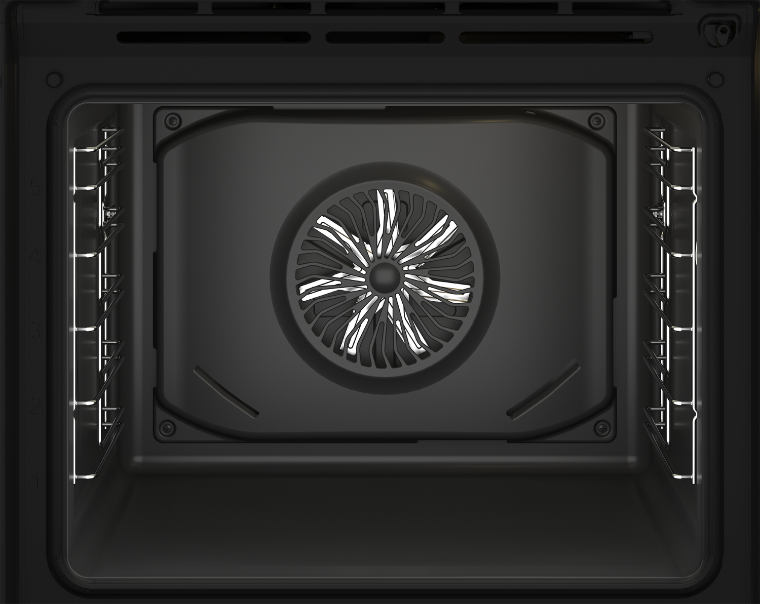 Interior de un horno oscuro con ventilador y rejillas.