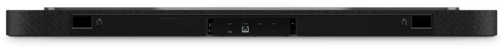 Fekete soundbar hátulja csatlakozókkal: HDMI, USB, LAN, Audio.