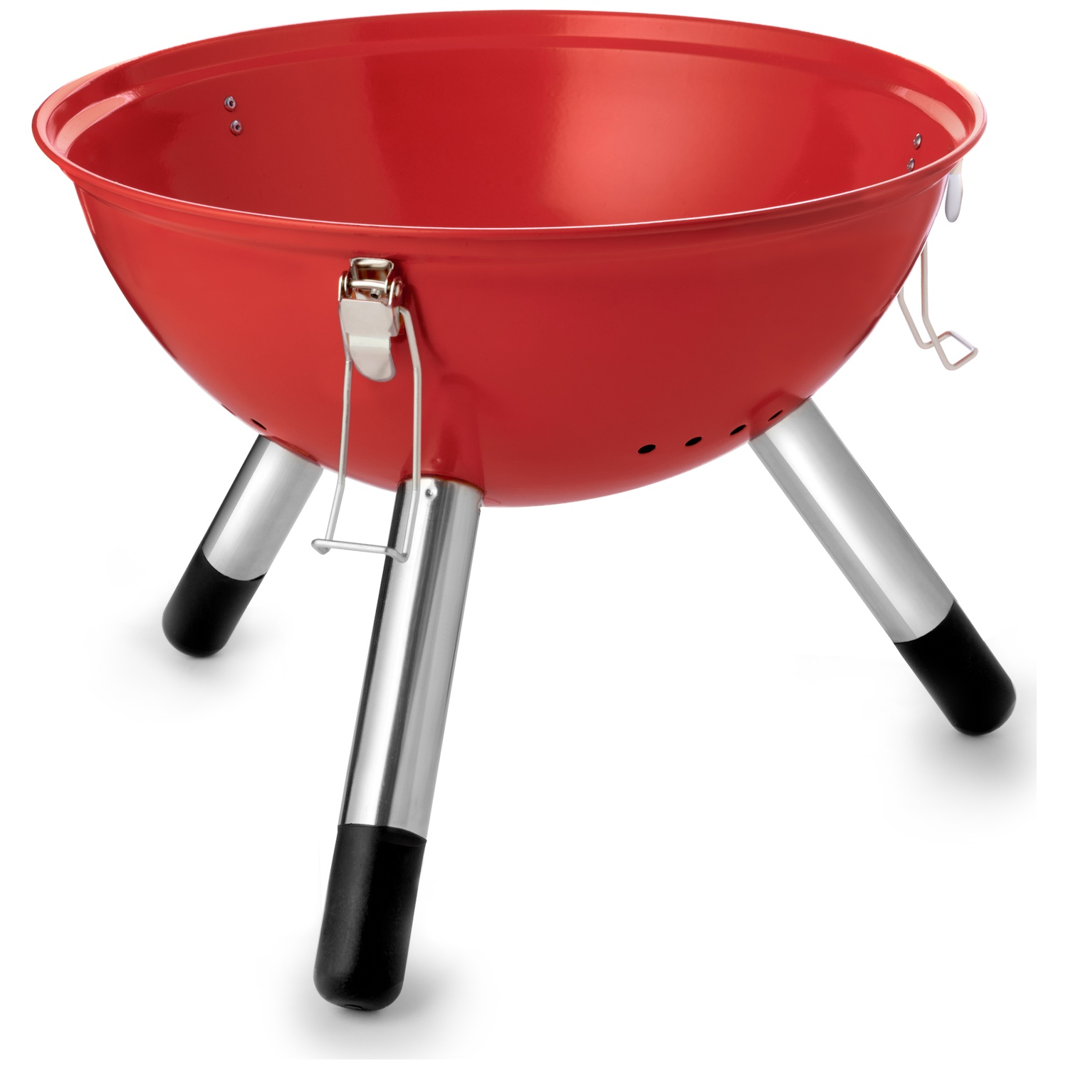 Een rode barbecue met drie zilveren poten met zwarte voeten.