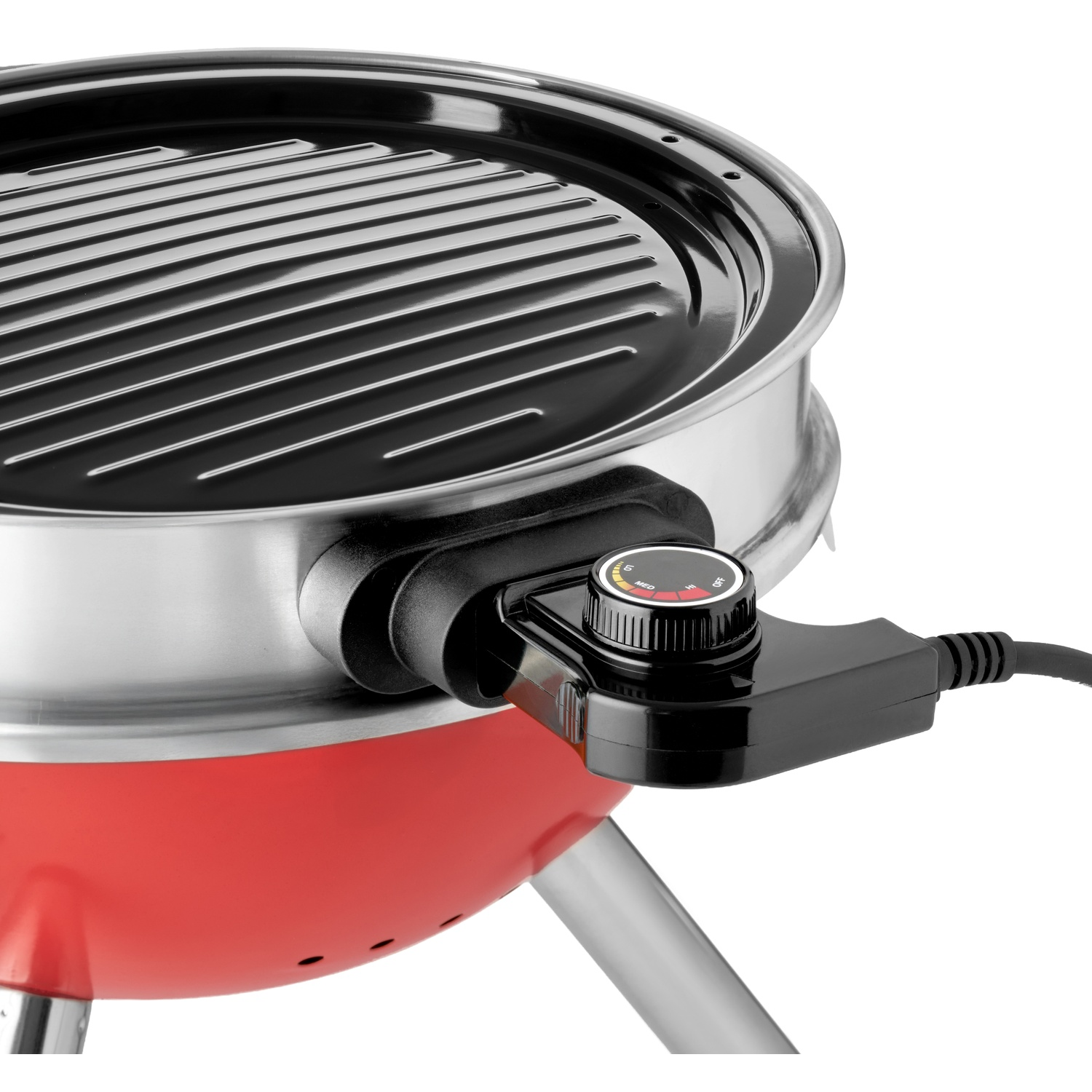 Rode elektrische grill met chroomdetails en zwart bedieningspaneel met temperatuurregelaar.