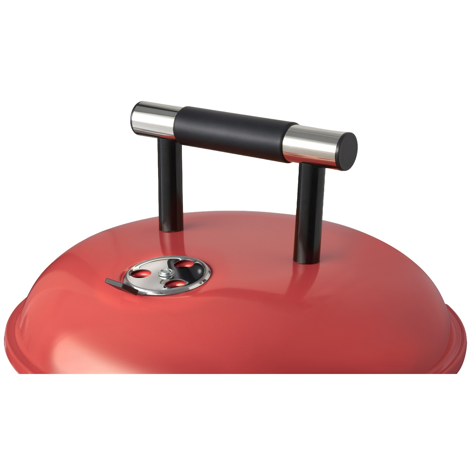 Rood grilldeksel met zwart handvat en ventilatieschuif.