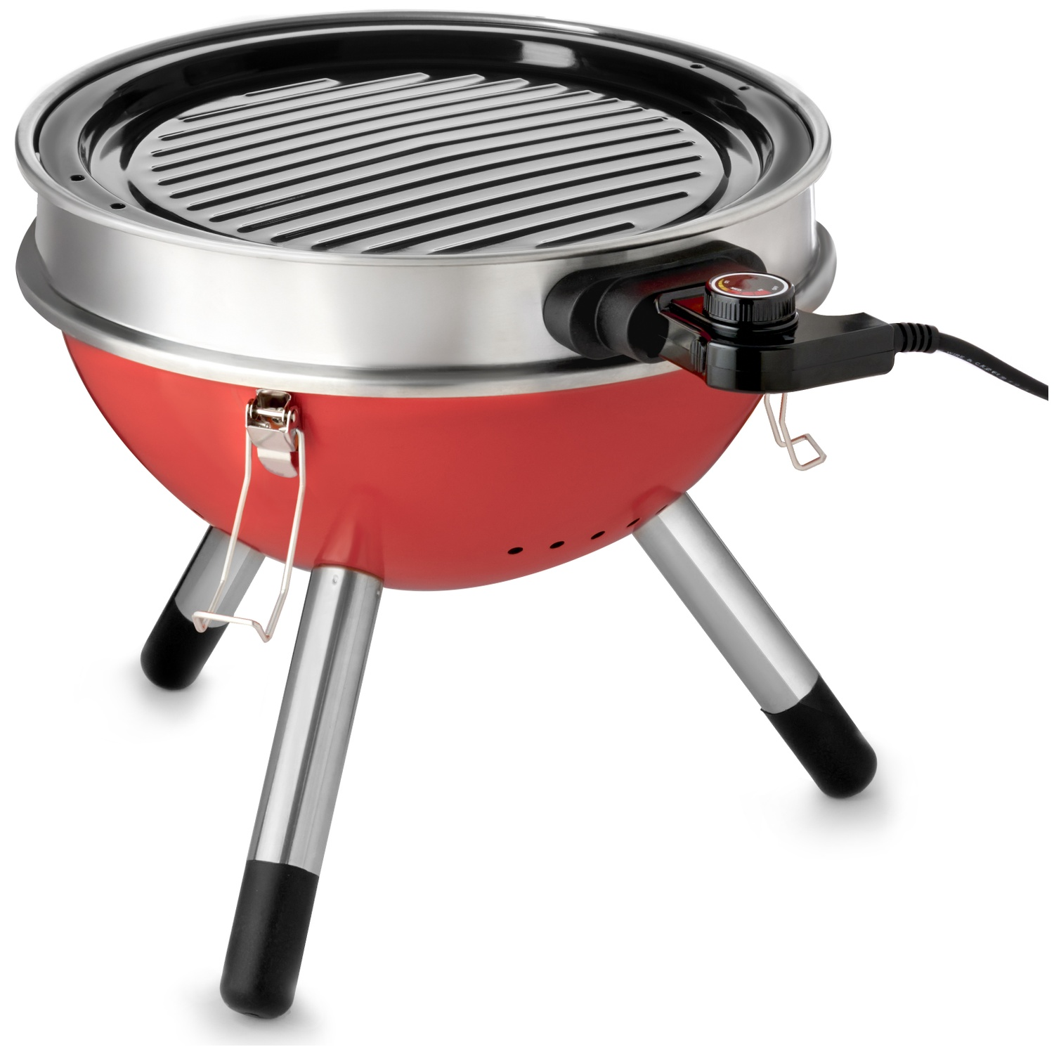 Een rode elektrische grill met metalen poten en een temperatuurregelaar.