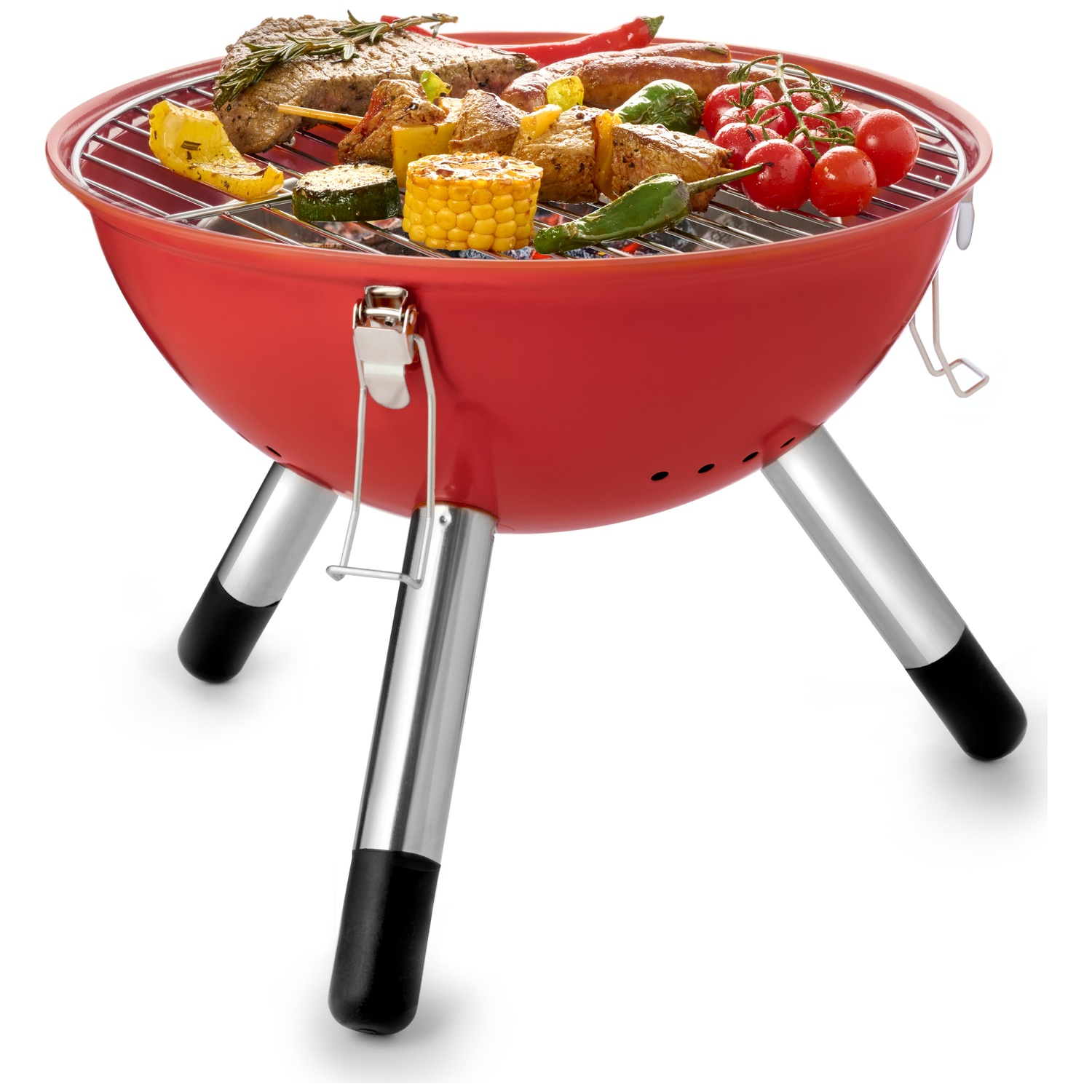 Rode grill met vlees, groenten en maïskolf.