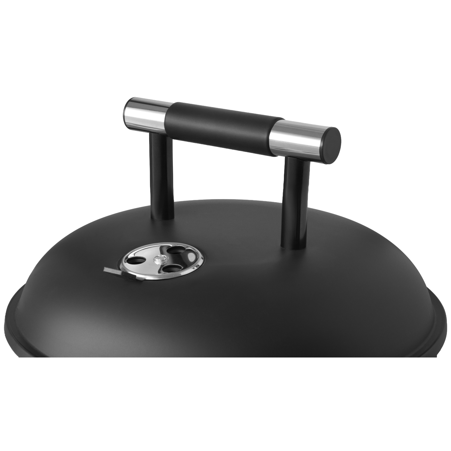 Black grill lid with a silver handle and vent slider.