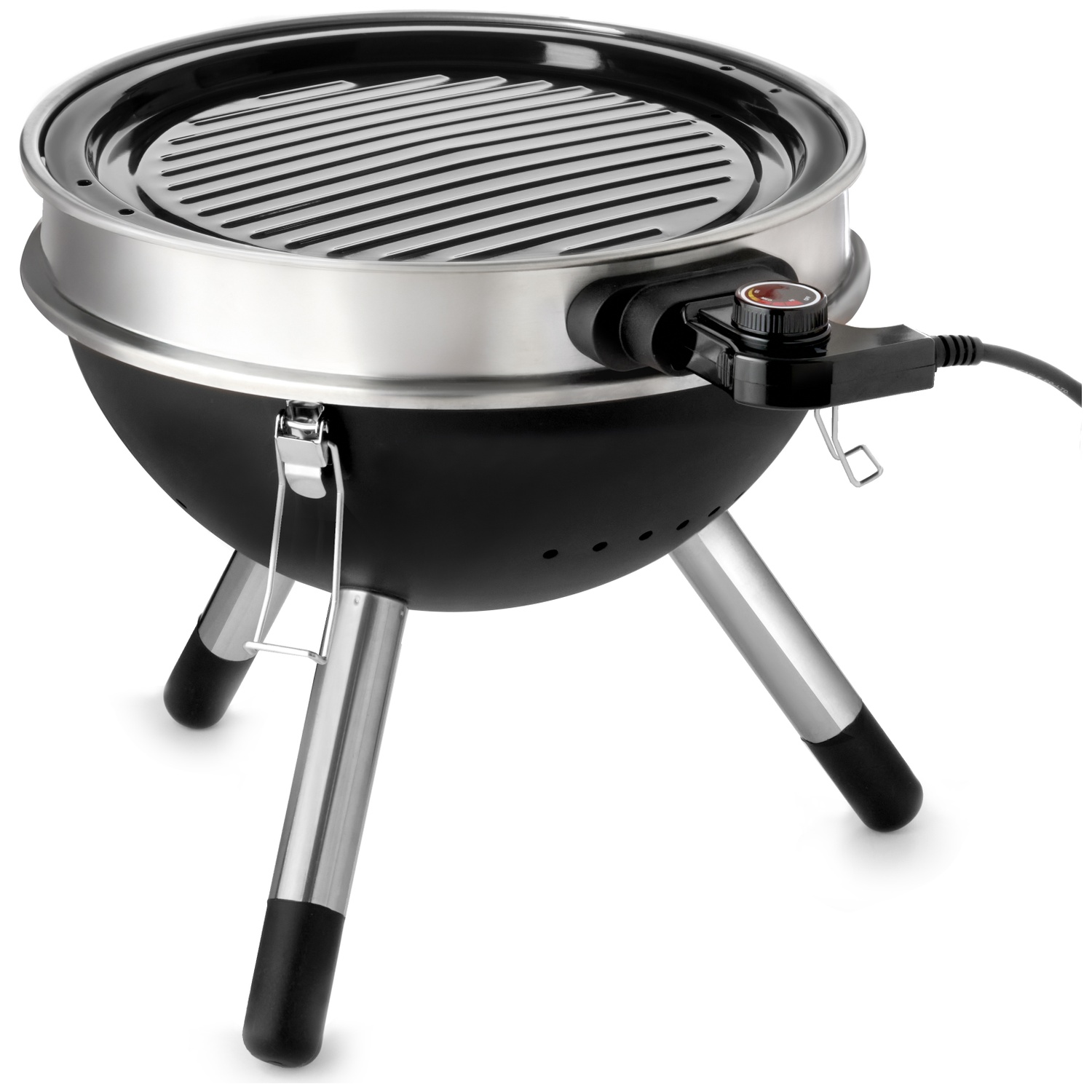 A black electric grill with three metal legs and a grilling grate.
