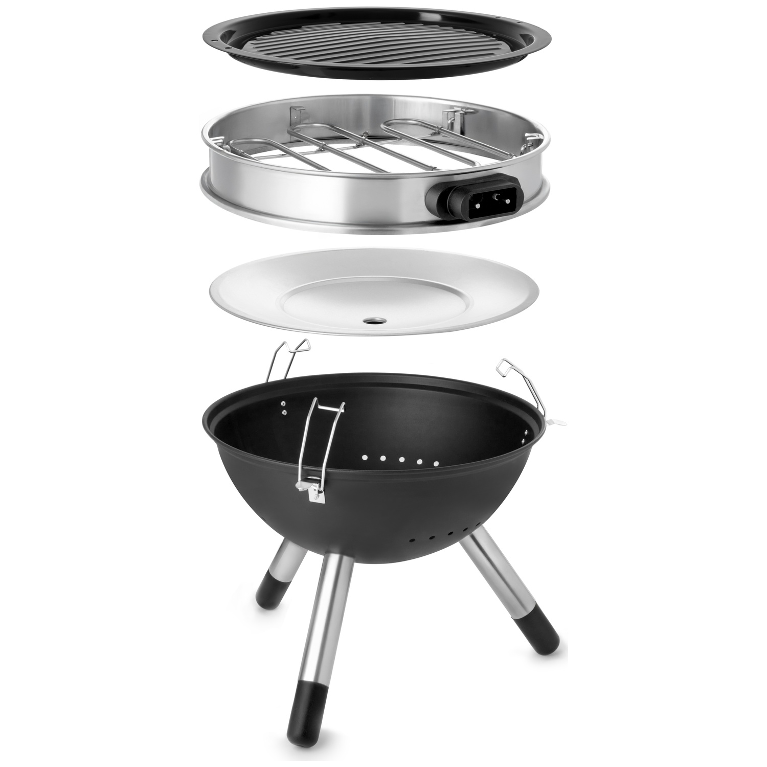 Exploded view of a grill showing rack, drip tray, heating element, and black bowl.