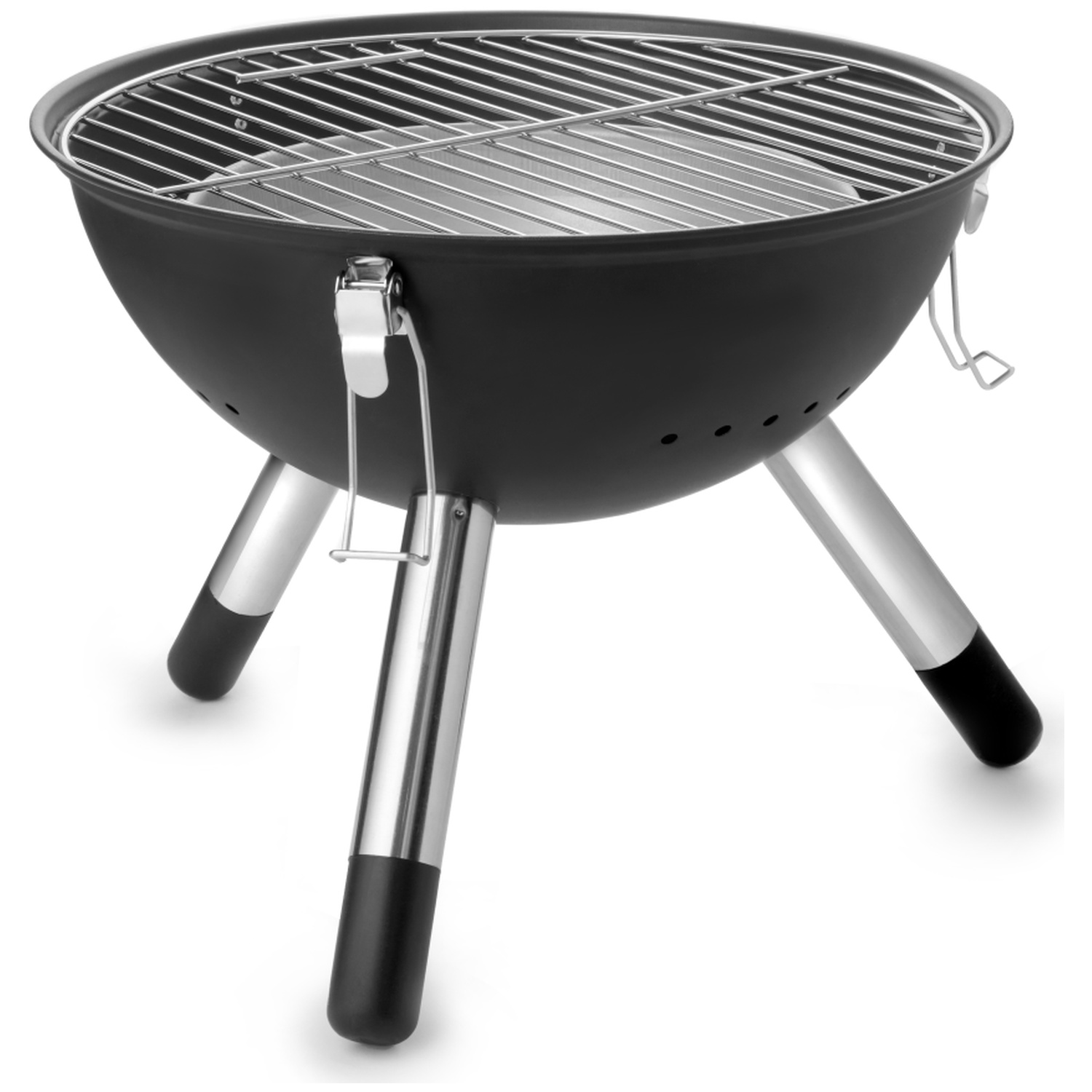 A black charcoal grill with three chrome legs and black feet.