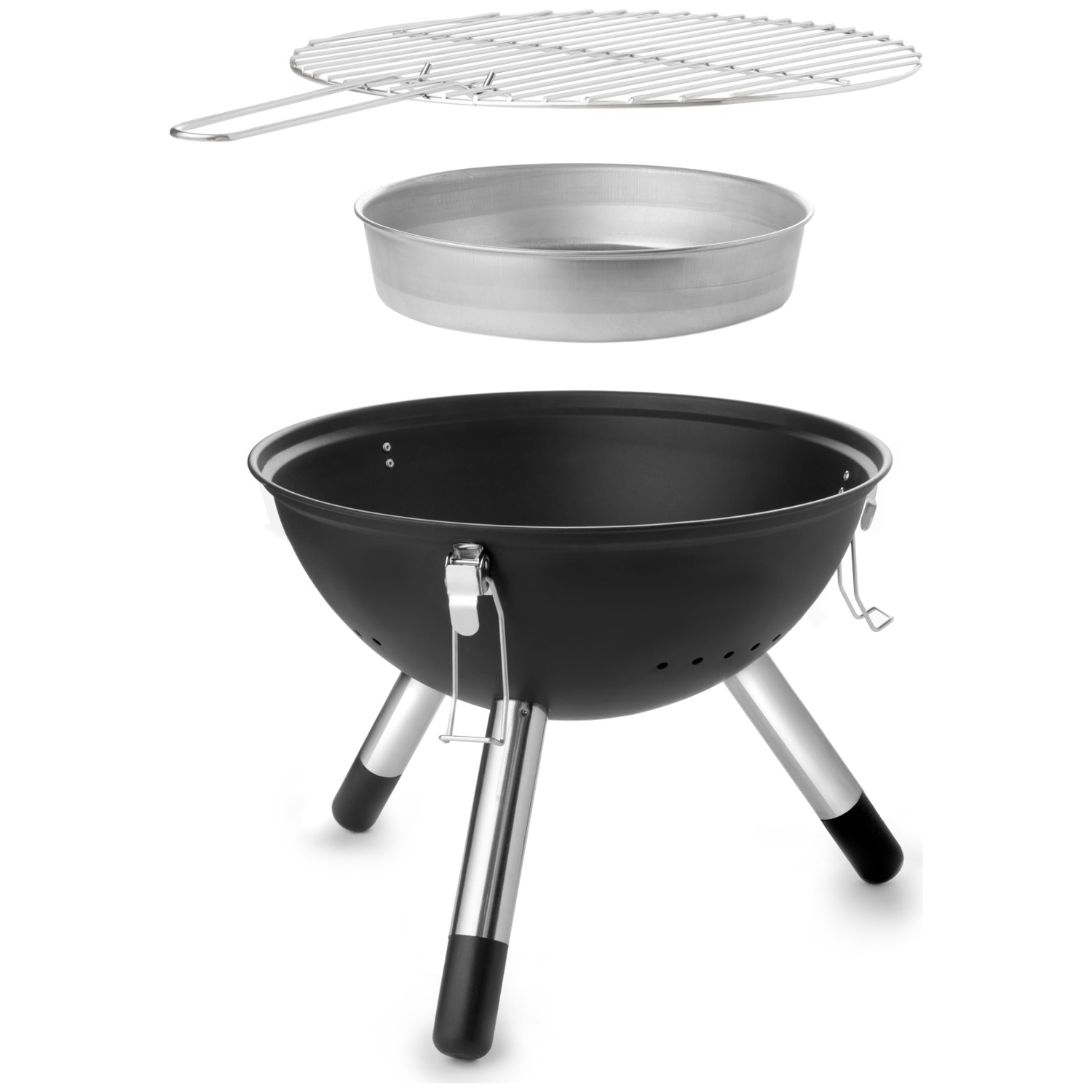 A round grill with three legs, a basin, and a grate.
