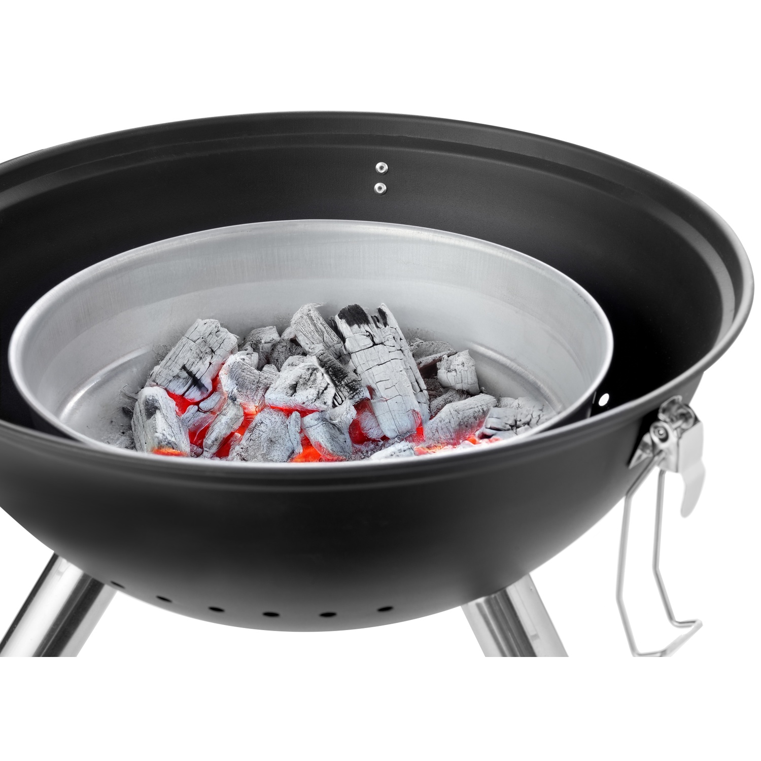 A charcoal grill with glowing coals in a metal basin.
