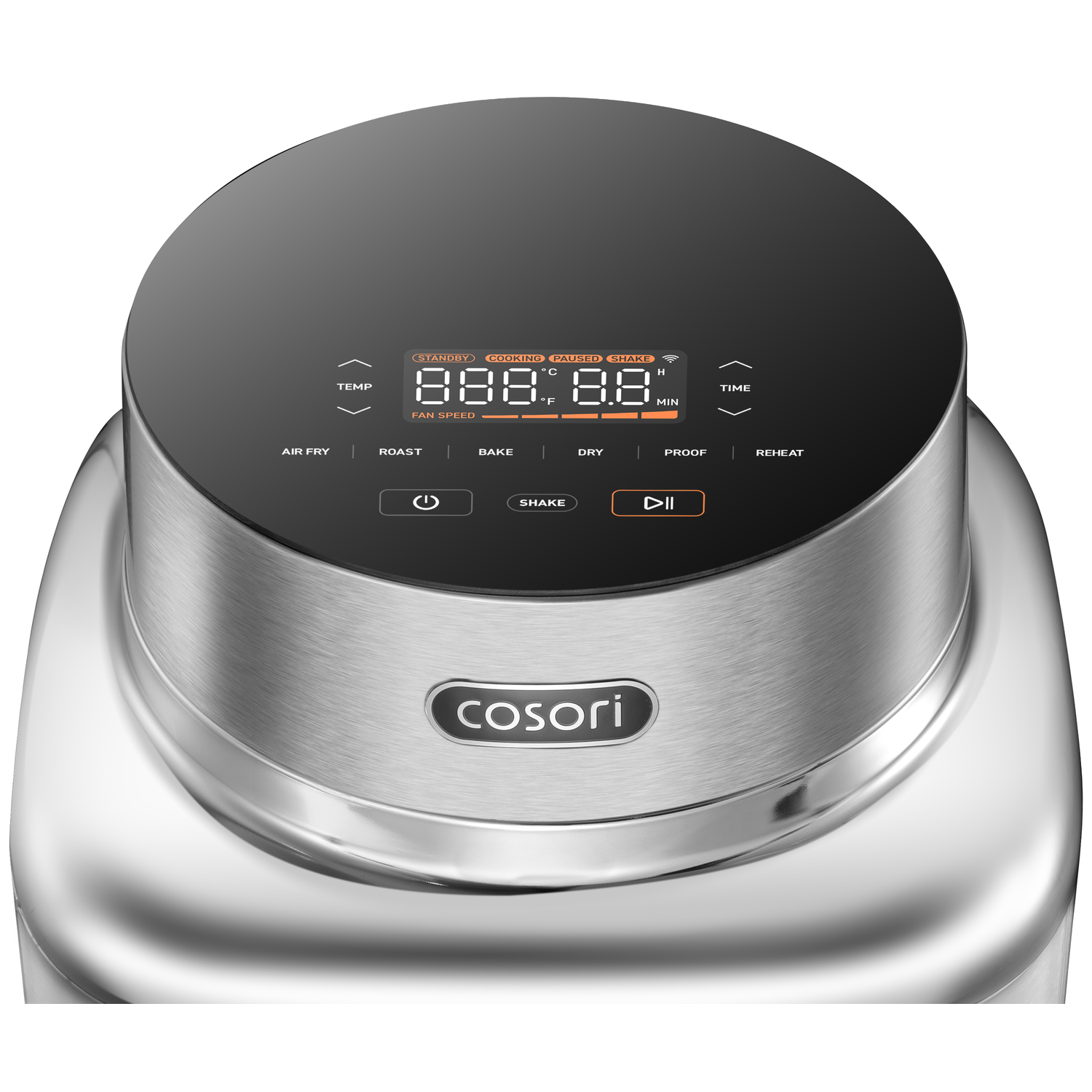 A silver Cosori air fryer lid with a digital display and cooking modes.