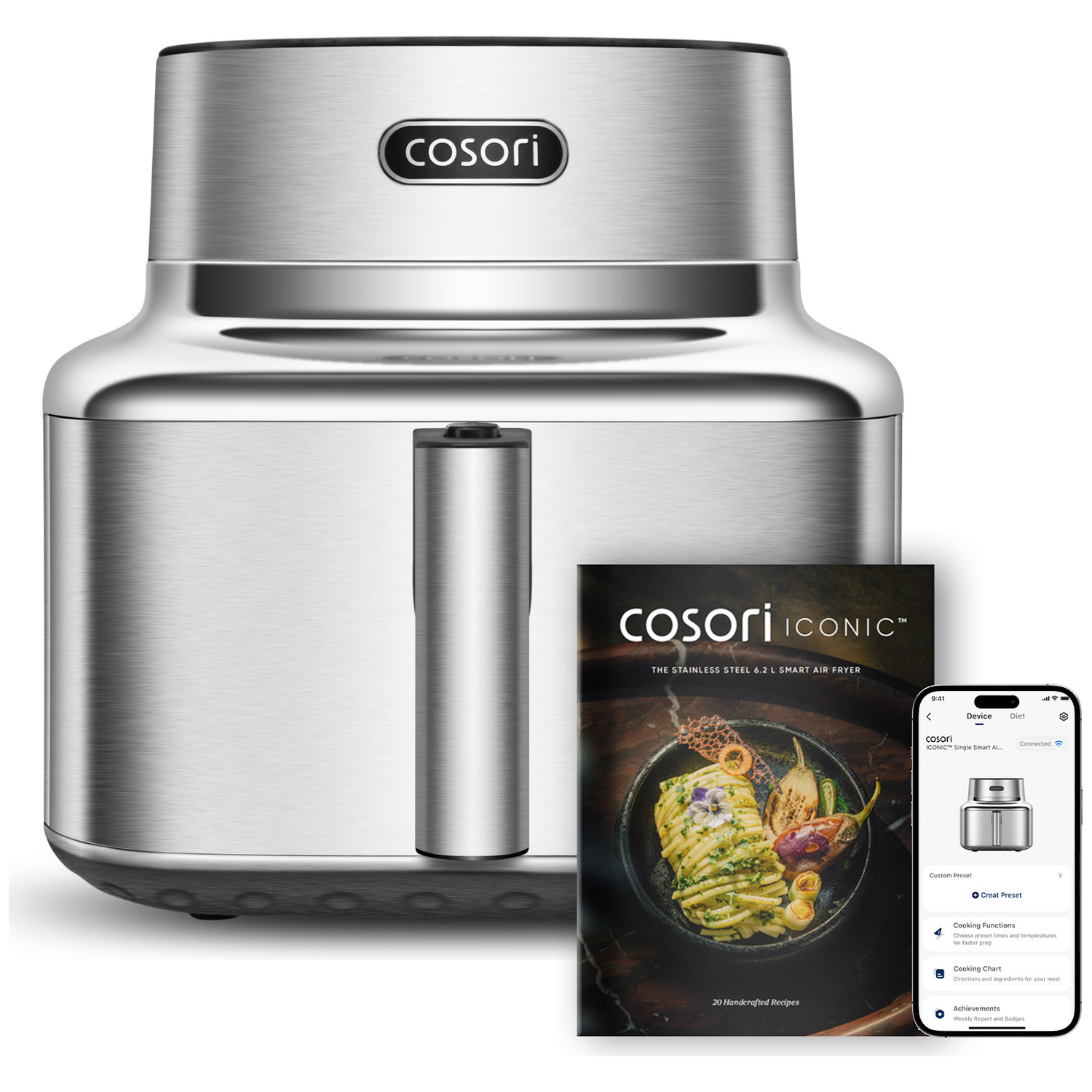 A silver COSORI Smart Air Fryer, a recipe book, and a smartphone displaying the app.