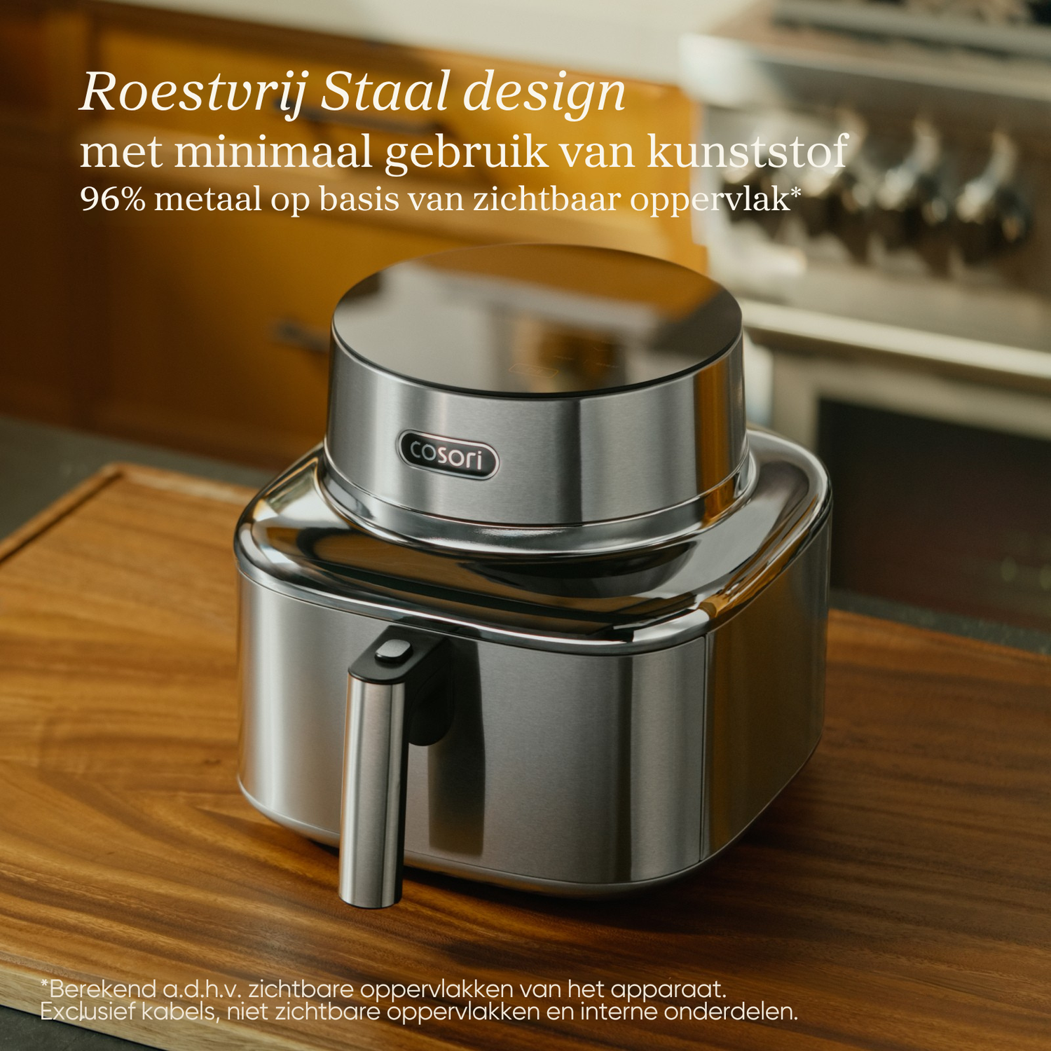 A silver COSORI air fryer sits on a wooden cutting board. Text is above it.