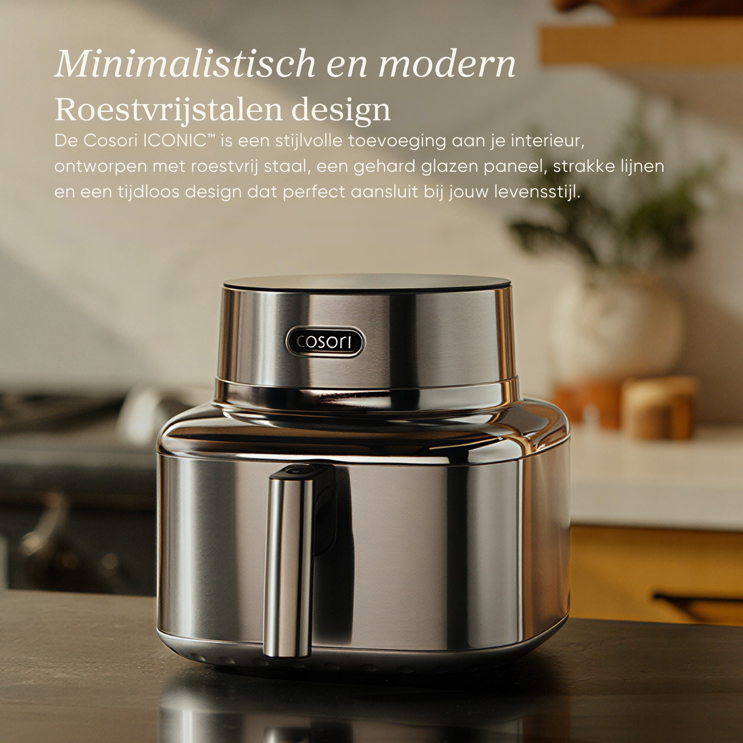 Sleek stainless steel air fryer with Cosori logo, modern design.