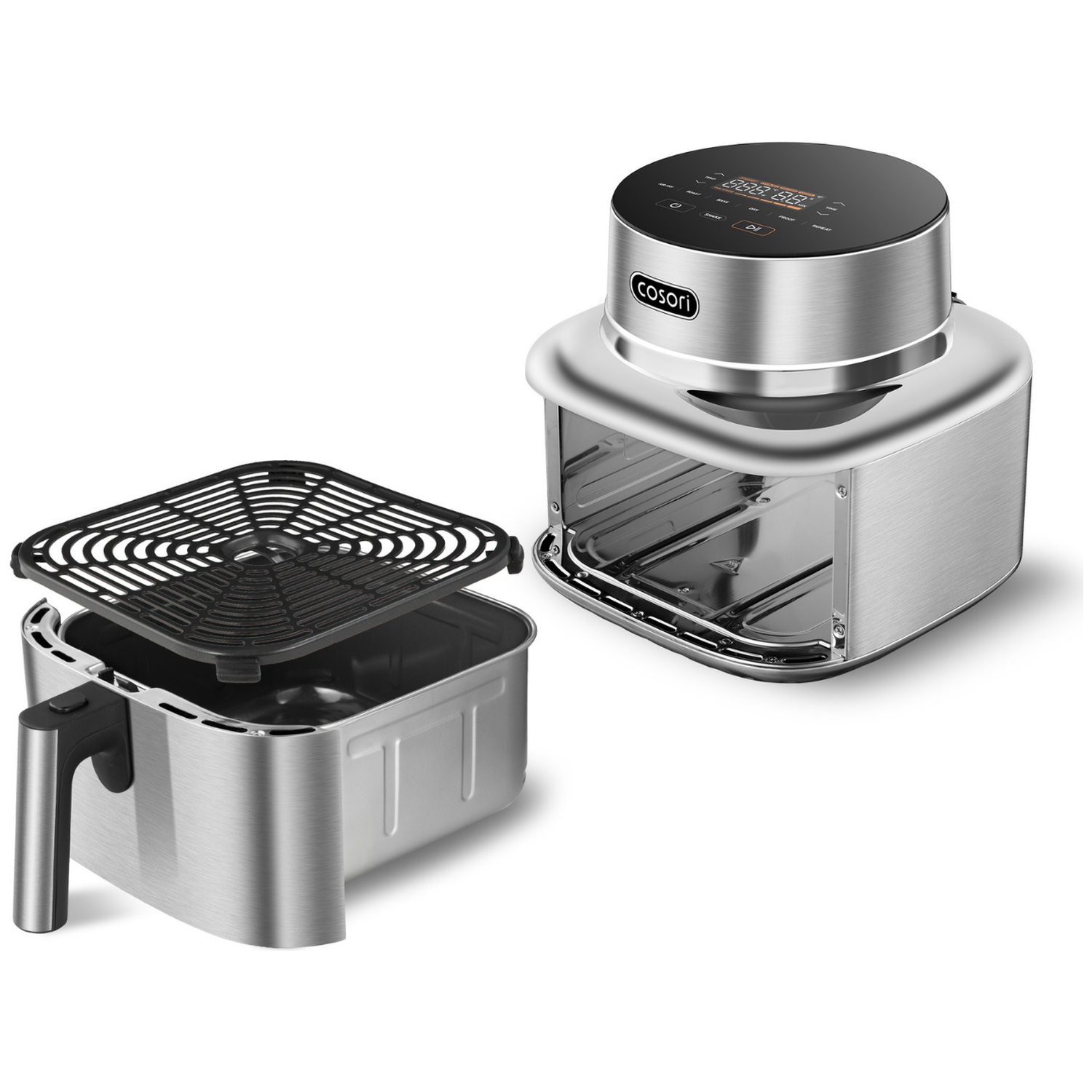A silver Cosori air fryer oven with its compartment open and basket removed.