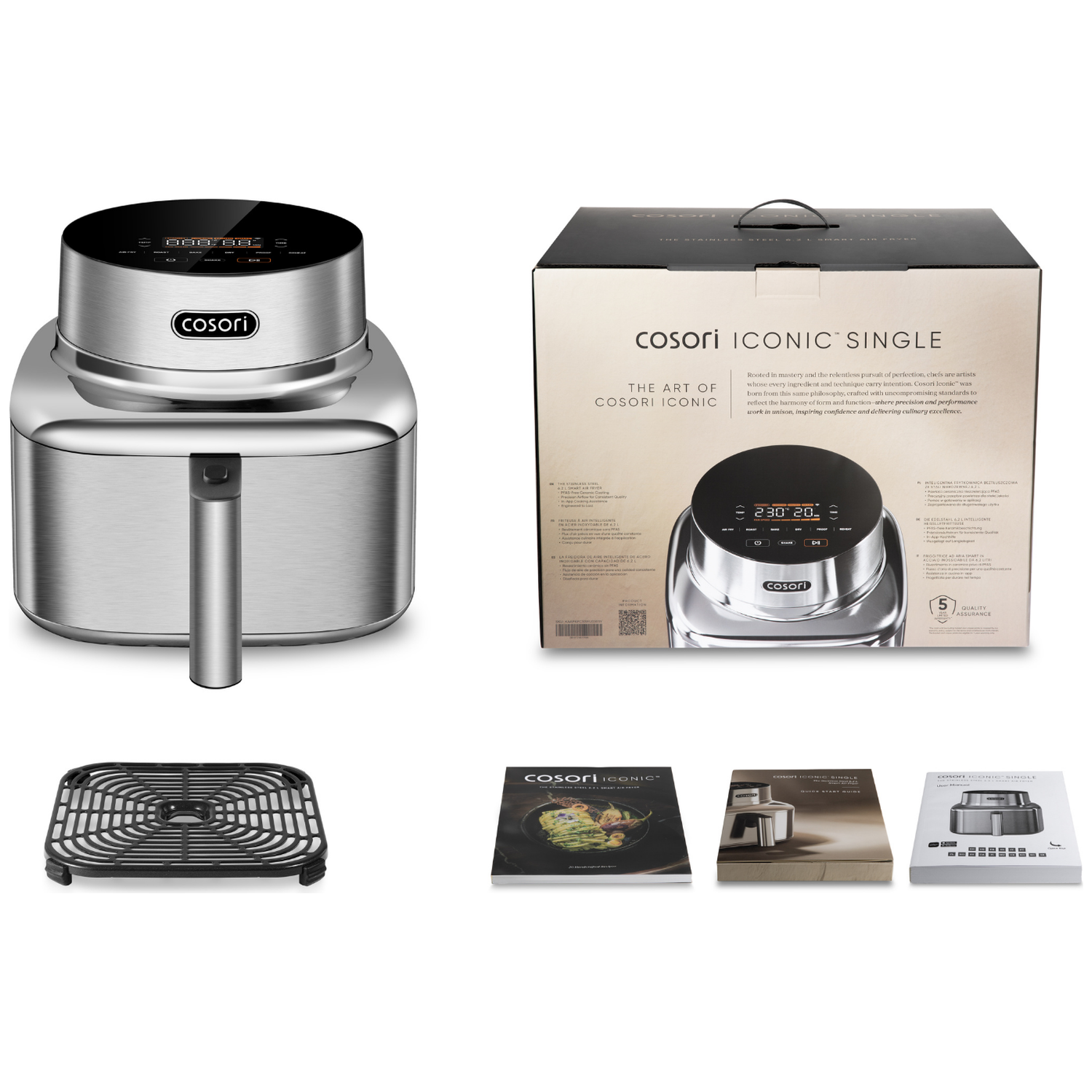 A silver air fryer with a digital display, its packaging, and accessories.