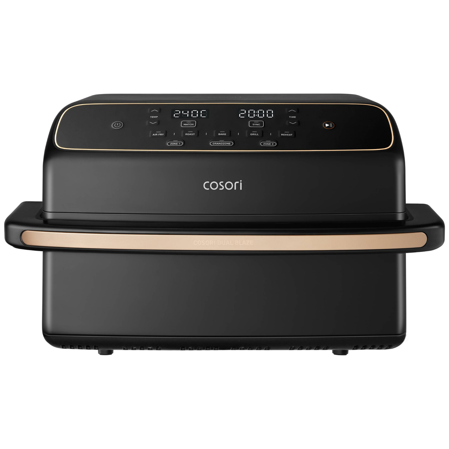 Zwarte Cosori dual blaze airfryer met goudkleurige rand en digitaal display met temperatuur en tijd.
