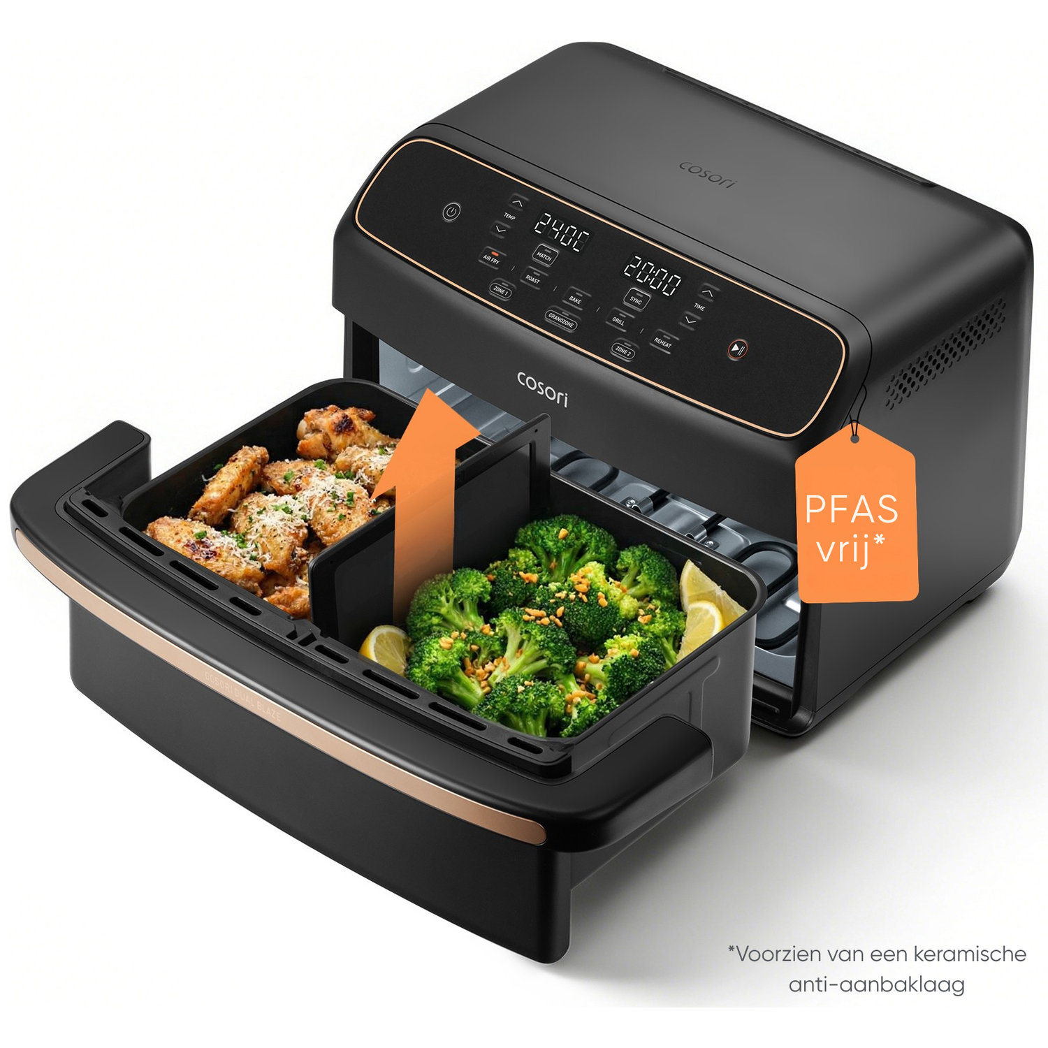 Zwarte airfryer met dubbele manden. Eén bevat kippenvleugels, de andere broccoli en citroen.