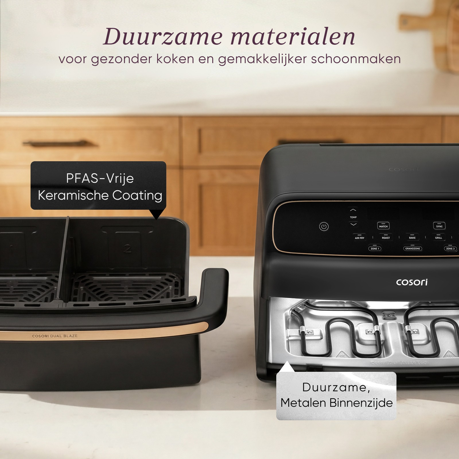 Een zwarte dubbele heteluchtfriteuse met verwarmingselementen en labels.
