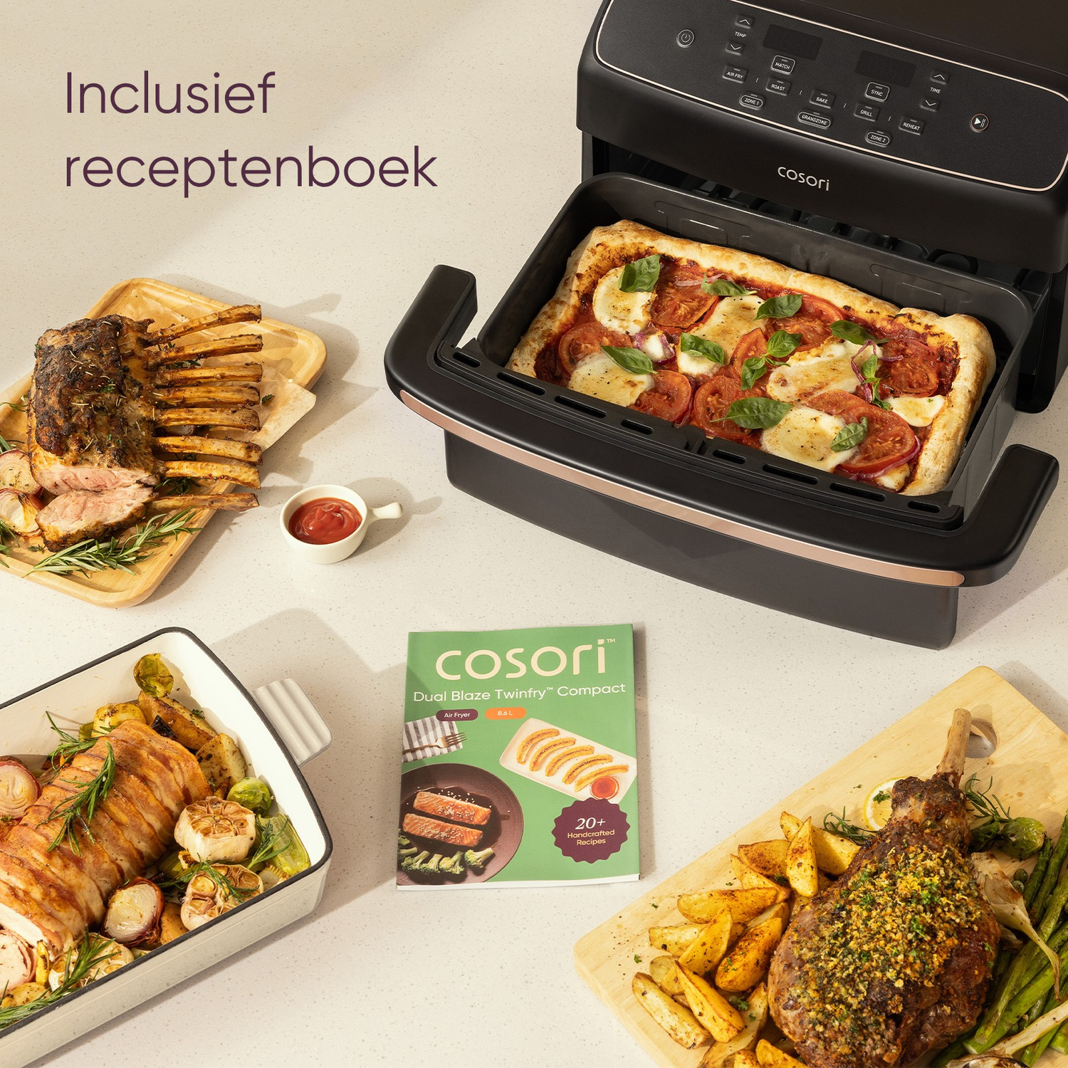 Een Cosori Air Fryer met pizza, lamsrack, kip en lamsschenkel.