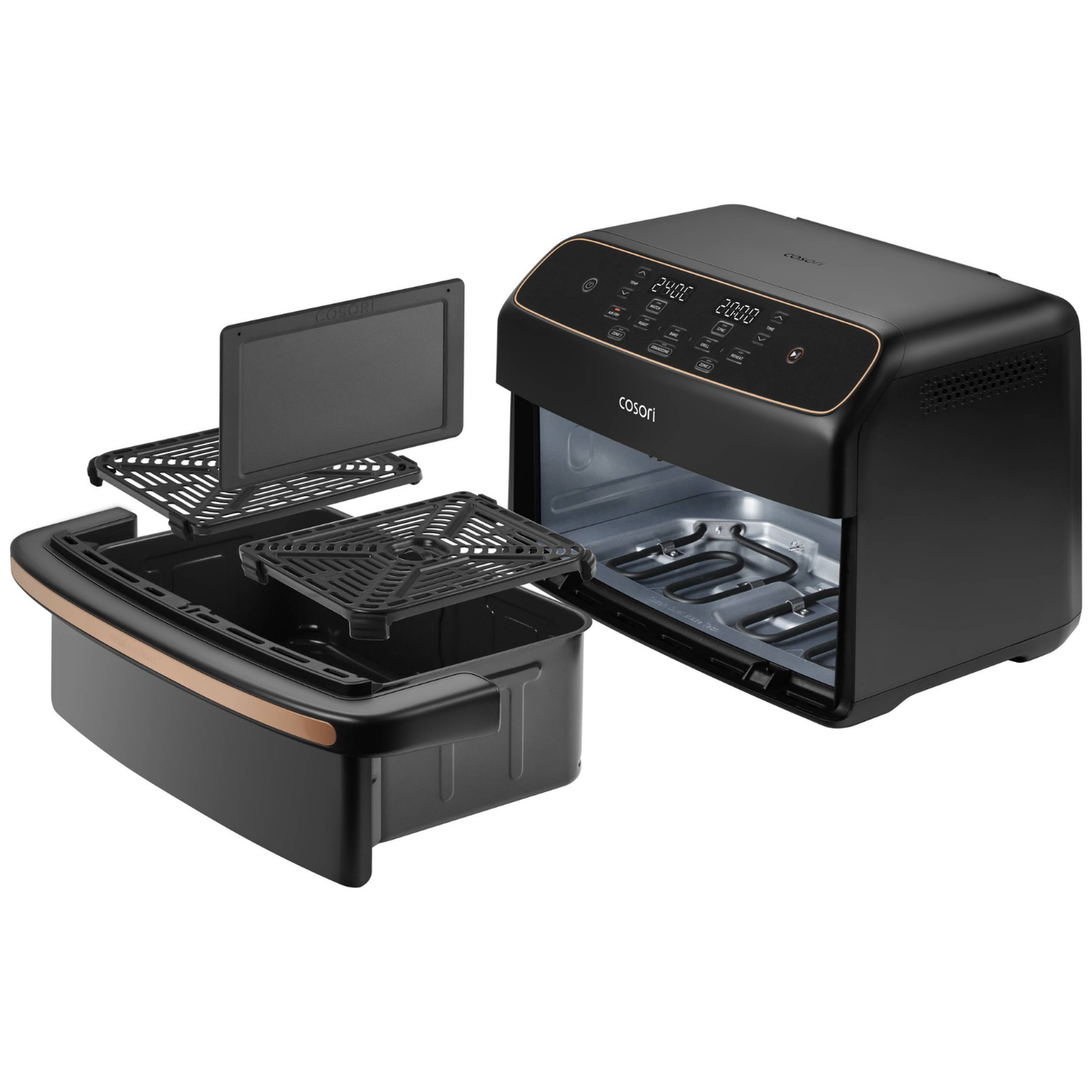 Zwarte Cosori airfryer met accessoires: mand, roosters en deksel. Digitaal display toont temp. en tijd.