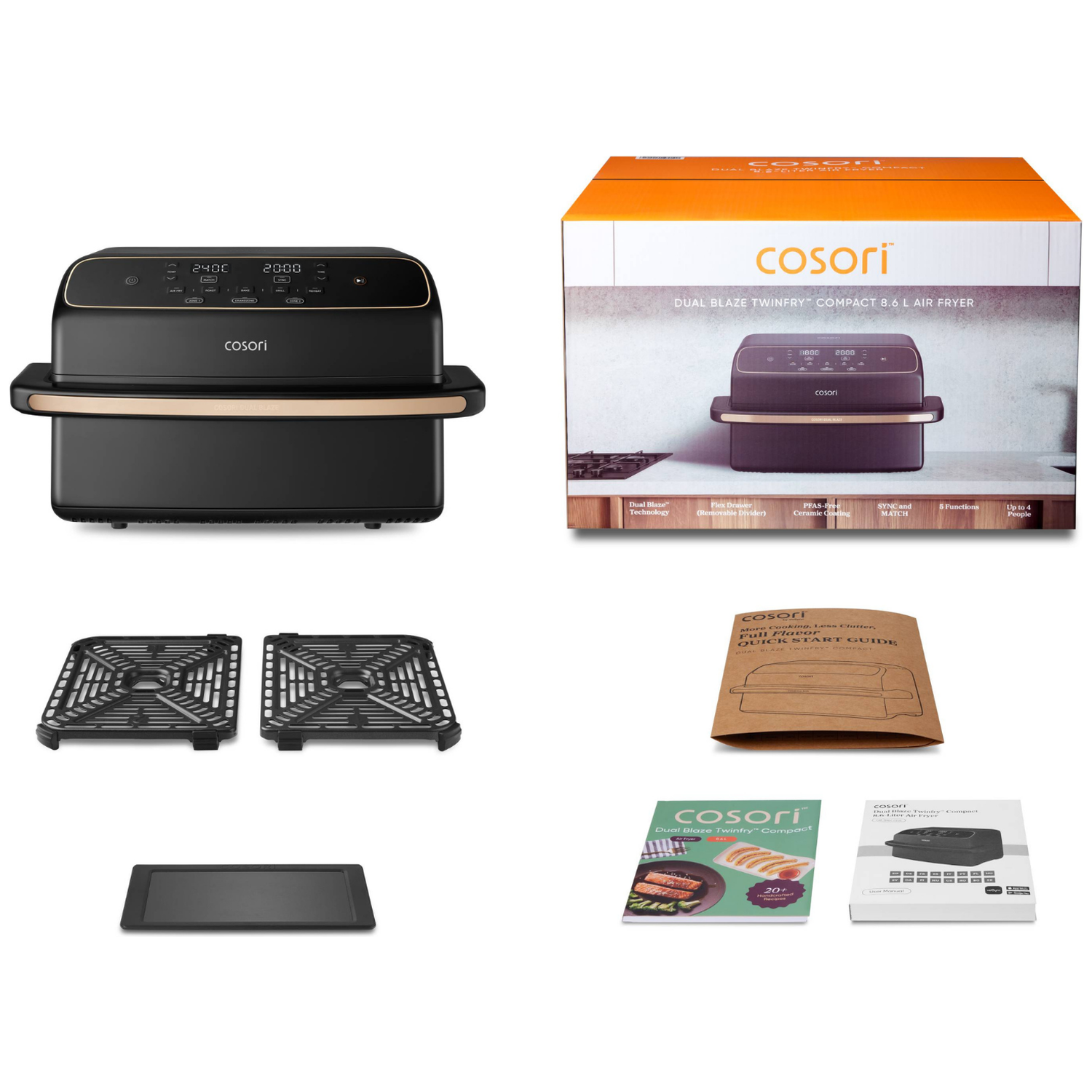 Zwarte Cosori Dual Blaze Twinfry Compact airfryer met accessoires en doos.