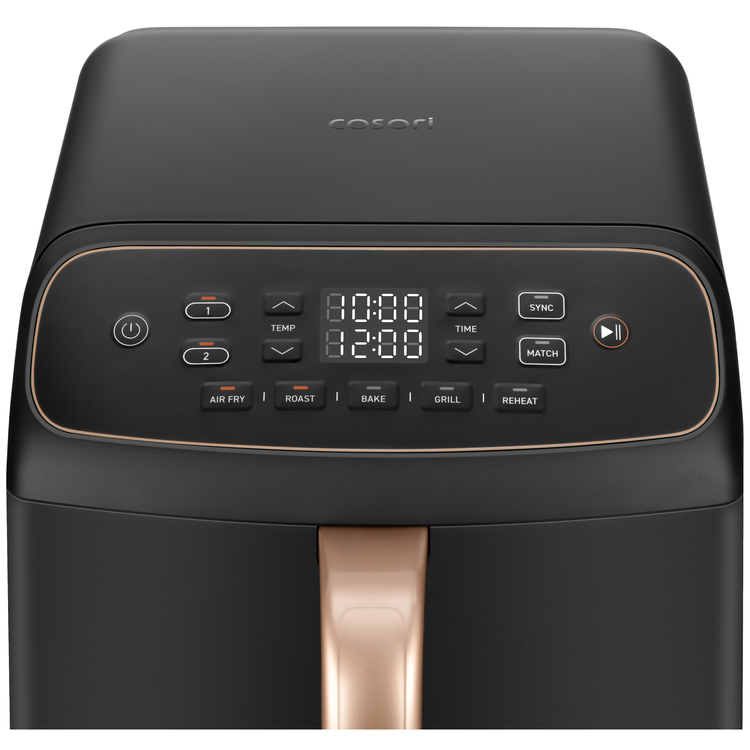 Zwarte Cosori airfryer met digitaal display en koperen handvat.