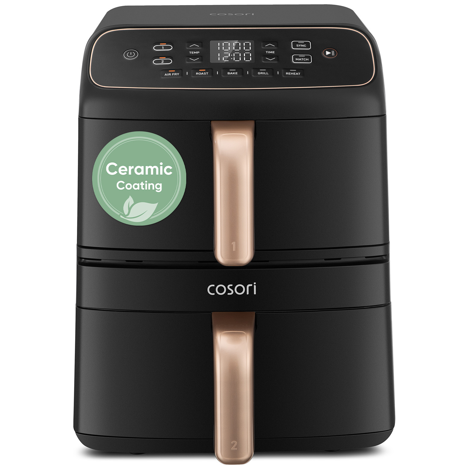 Zwarte Cosori dubbele airfryer met gouden handvatten en digitaal display. Keramische coating.