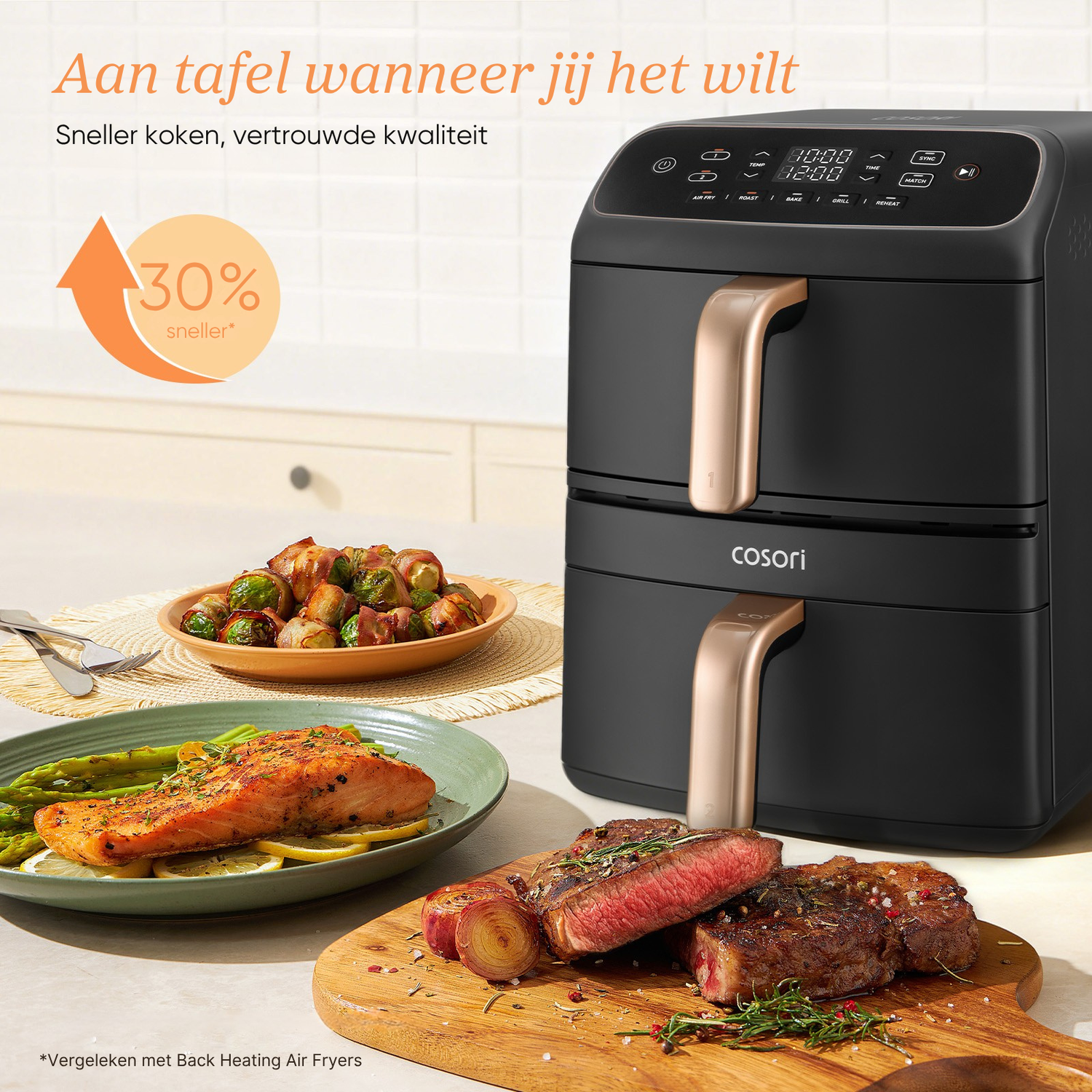 Een zwarte dubbele heteluchtfriteuse naast eten: zalm, biefstuk, asperges en spruitjes.