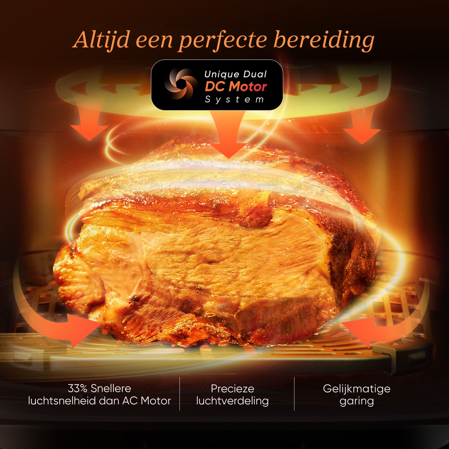 Geroosterd kippetje omgeven door luchtstromen in een airfryer, reclame voor gelijkmatig garen.