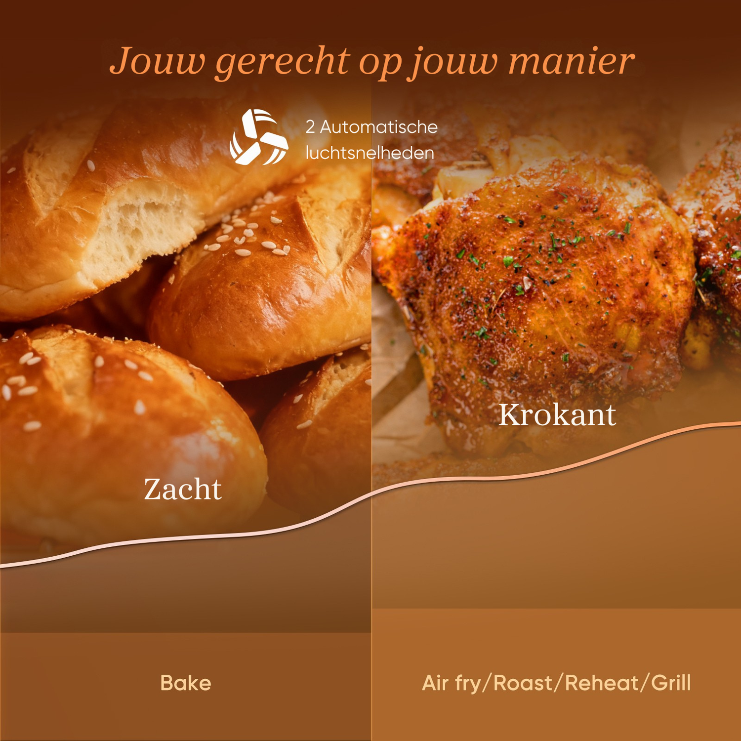 Zachte broodjes links, krokante kip rechts. Uw gerecht, uw manier.