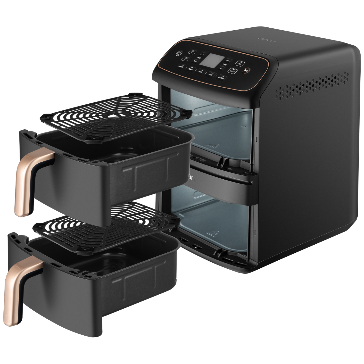 Een zwarte airfryer met dubbele mand en roségouden handvatten wordt getoond. De manden zijn eruit gehaald.