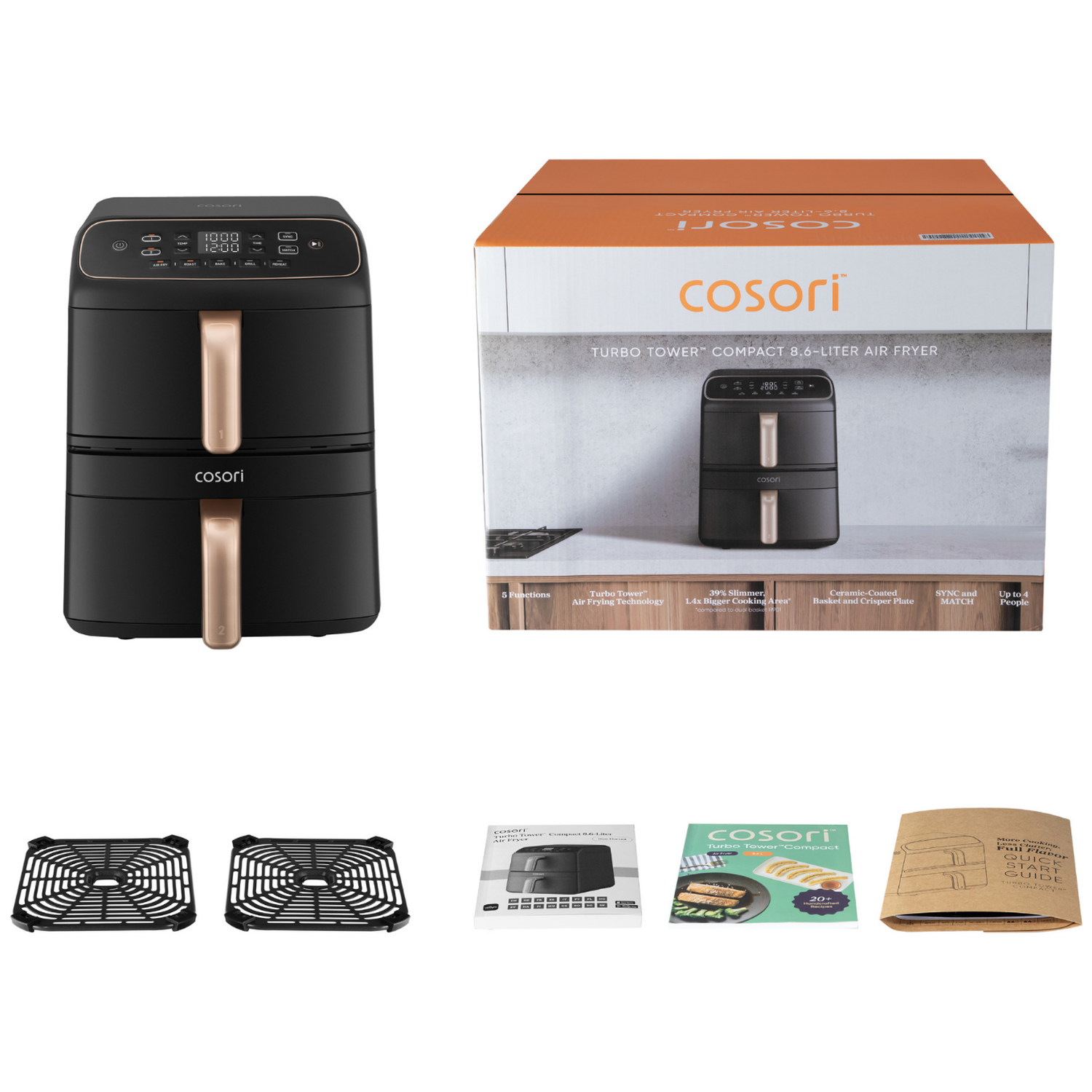 Zwarte Cosori airfryer met accessoires en verpakking.