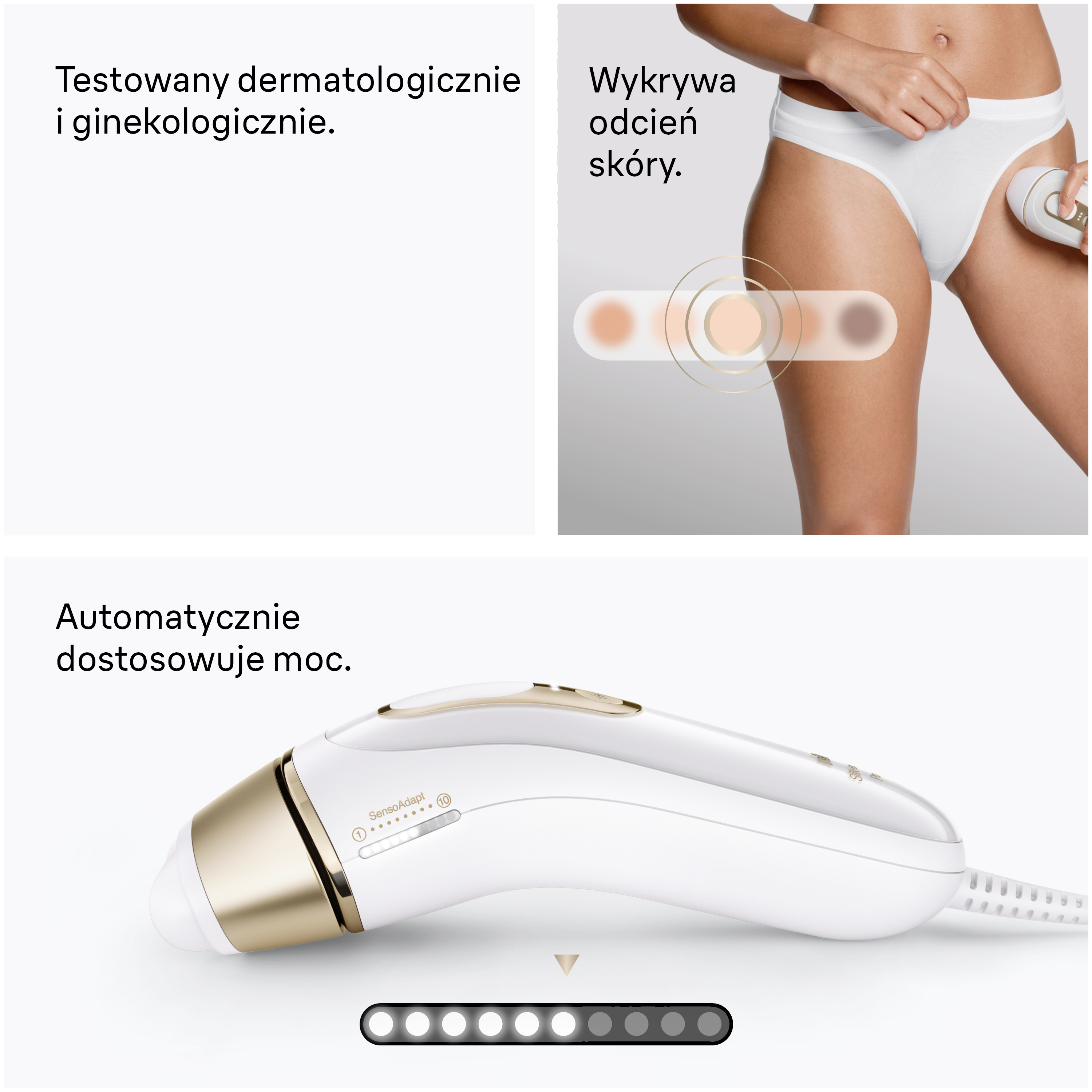 Biały depilator ze złotymi akcentami i wskaźnikiem sensora.