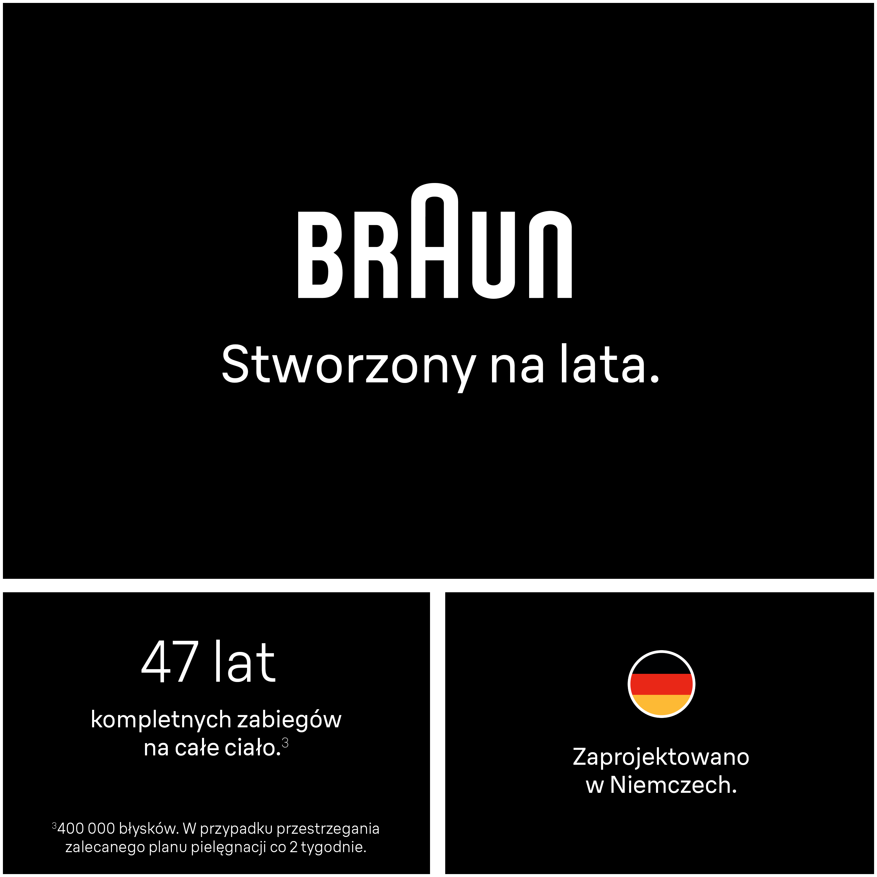 Logo BRAUN z tekstem. 47 lat zabiegów. Zaprojektowano w Niemczech.