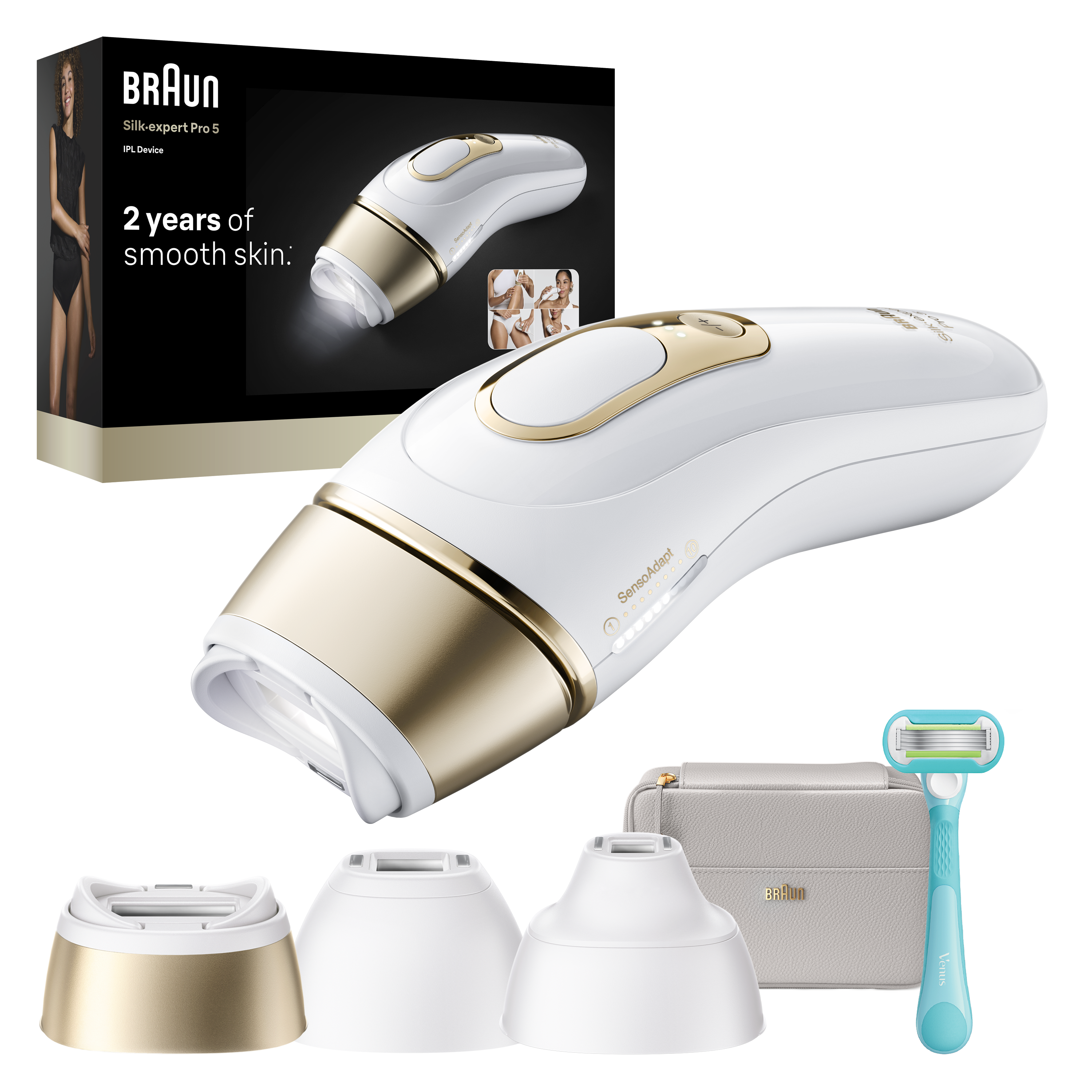 Urządzenie Braun IPL z akcesoriami: depilator, maszynka, etui i nasadki.