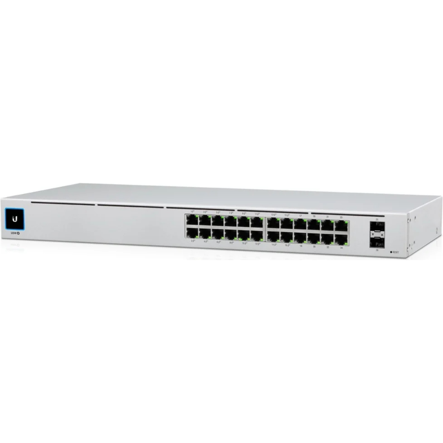 Un commutateur réseau argenté avec 24 ports Ethernet et un bouton de réinitialisation.