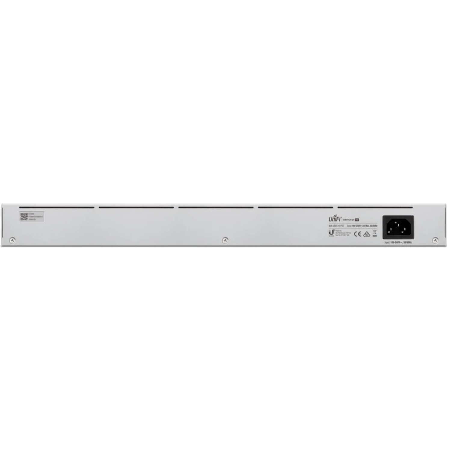 Un appareil UniFi Switch 24 POE blanc avec connecteur d'alimentation et marquage CE.