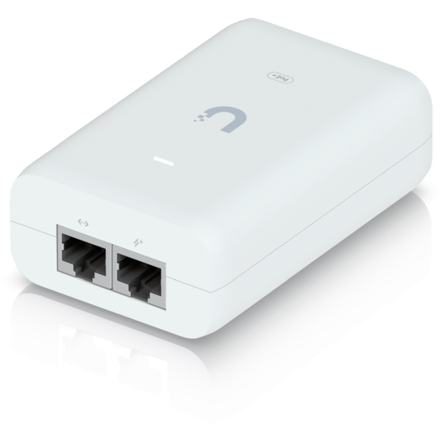 Un injecteur PoE blanc avec deux ports Ethernet et un logo bleu.