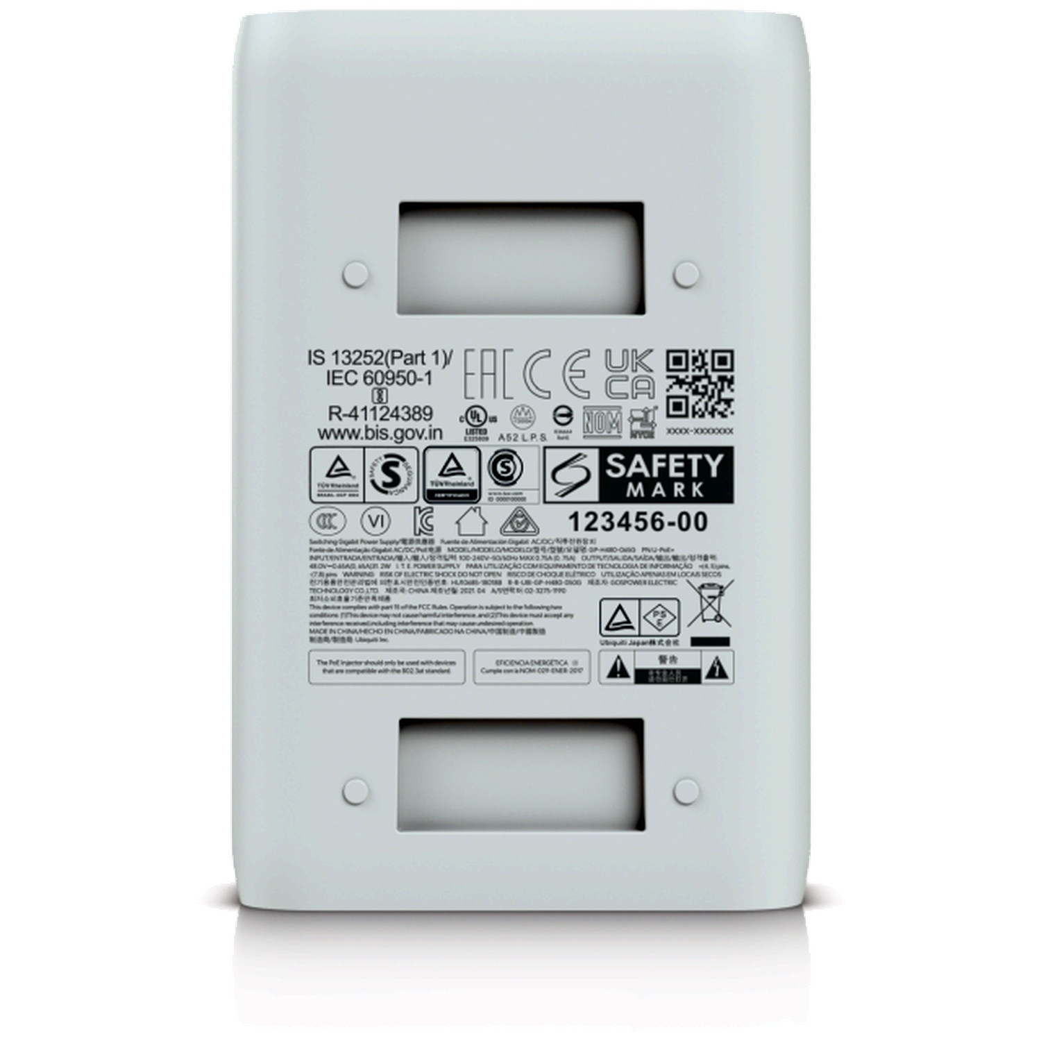 Boîte blanche avec marquages de certification tels que CE, UKCA, NOM, Safety Mark et code QR.